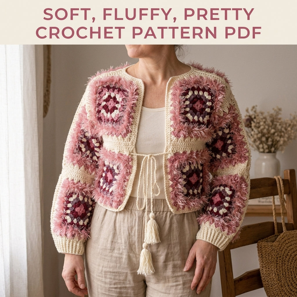 Fluffy Pink Cardigan Crochet Pattern PDF – Granny Square Cropped Tie Cardigan