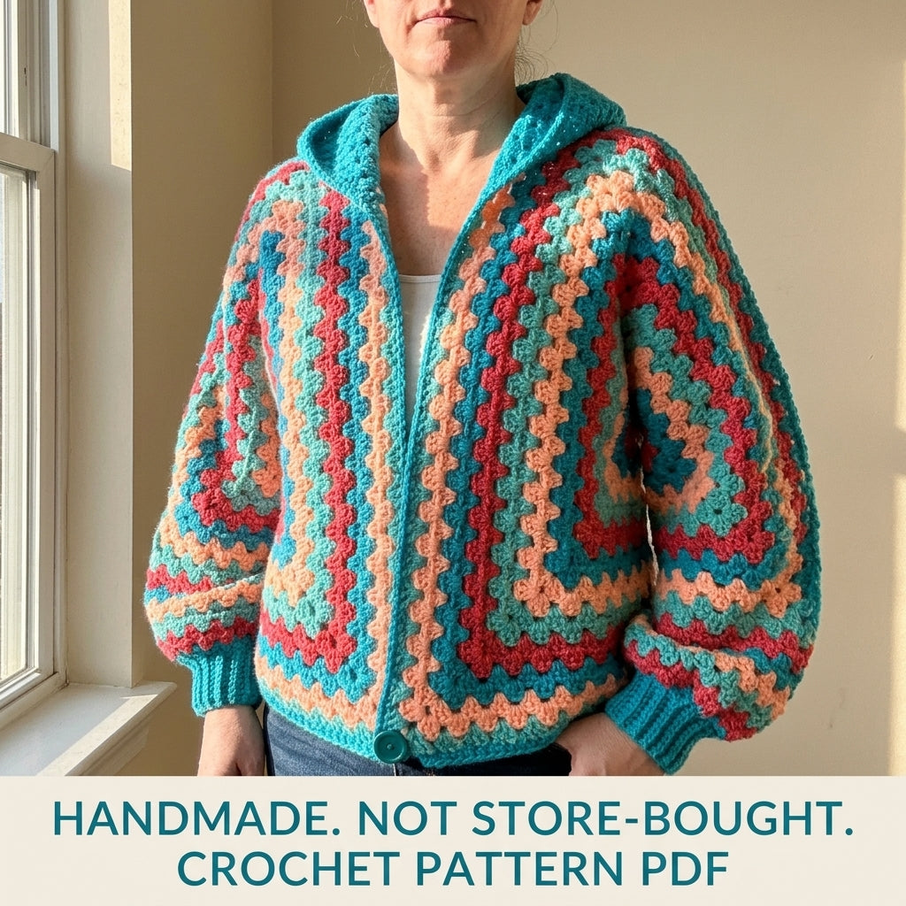 Hooded Hexagon Cardigan Crochet Pattern PDF – Granny Stripe Hoodie Cardigan