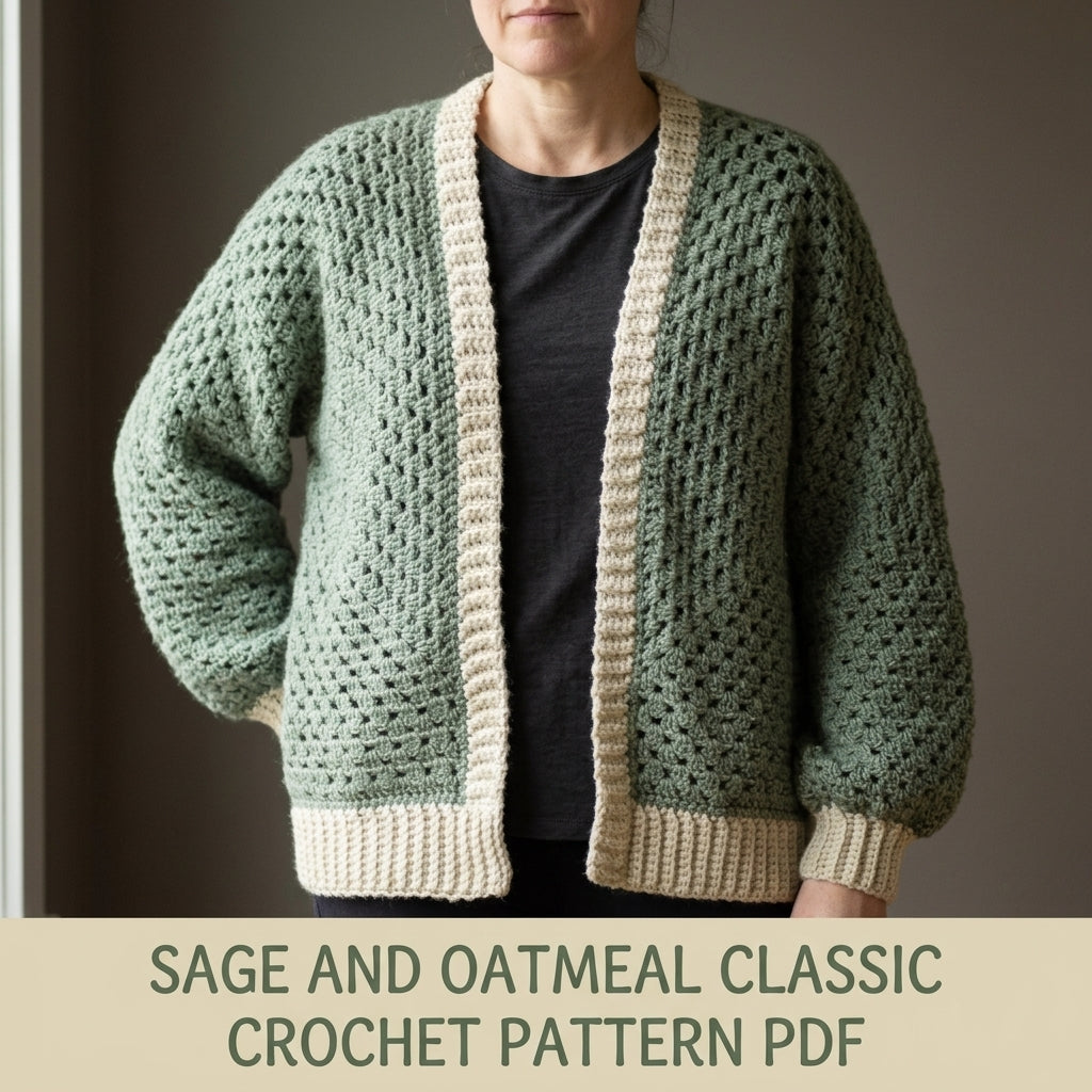 Sage Granny Stitch Cardigan Crochet Pattern PDF – Oversized Cardigan with Ribbed Band