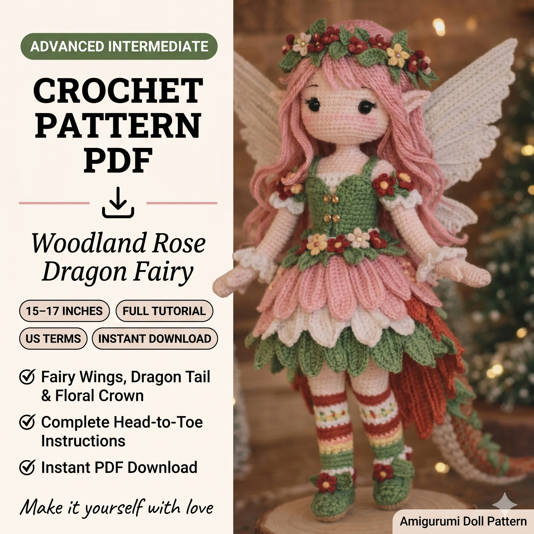 Woodland Fairy Dragon Doll Crochet Pattern PDF, Amigurumi Fantasy Doll Pattern, Flower Fairy Toy, Handmade Crochet Doll Tutorial