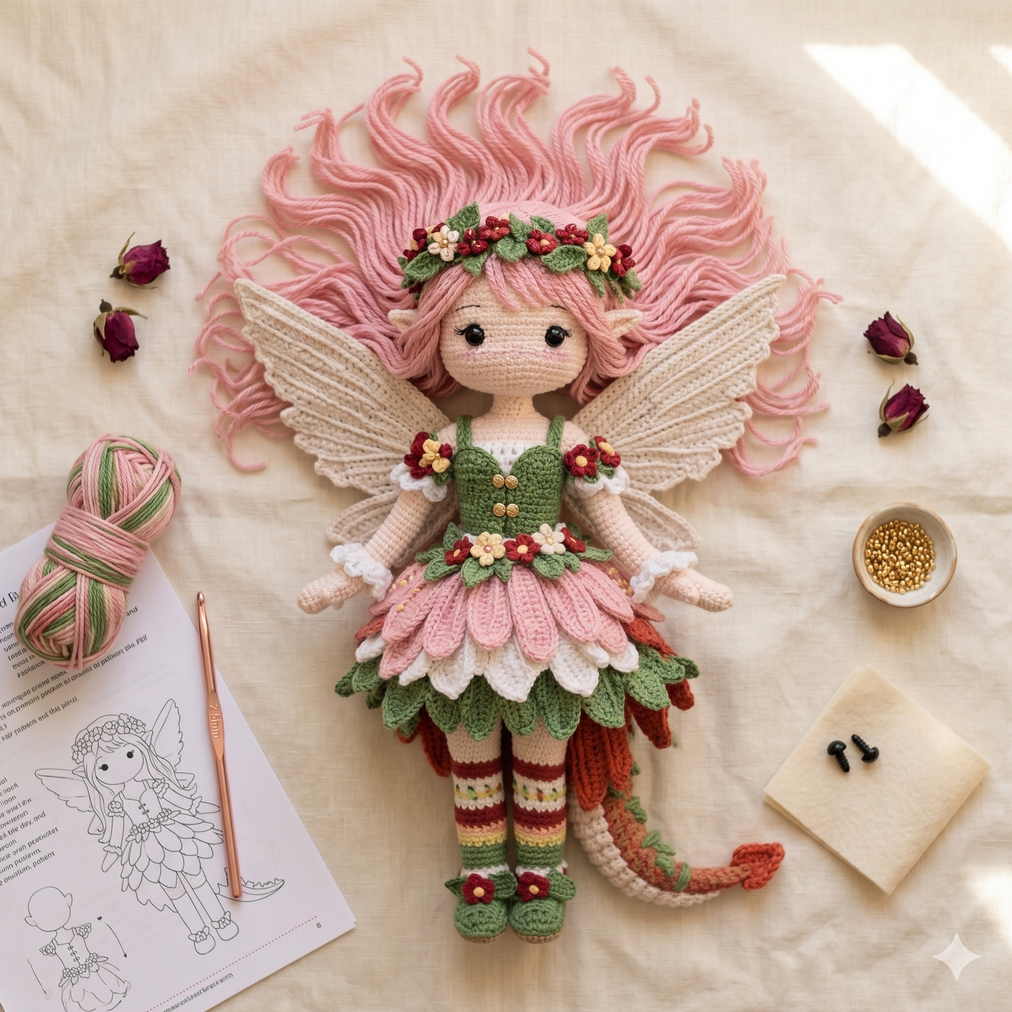 Woodland Fairy Dragon Doll Crochet Pattern PDF, Amigurumi Fantasy Doll Pattern, Flower Fairy Toy, Handmade Crochet Doll Tutorial
