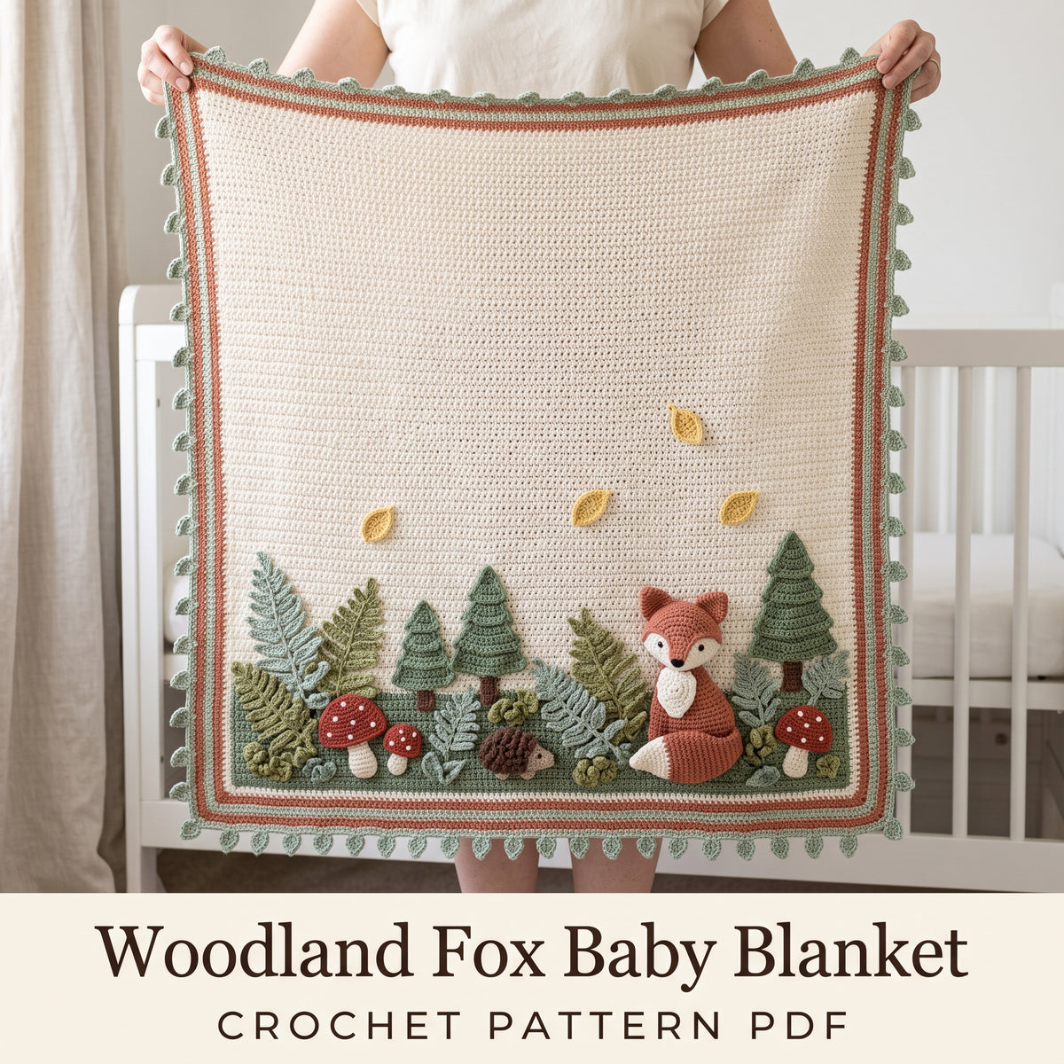 Woodland Fox Baby Blanket Crochet Pattern PDF, 3D Fox, Toadstools and Ferns Nursery Afghan, Gender Neutral Baby Gift