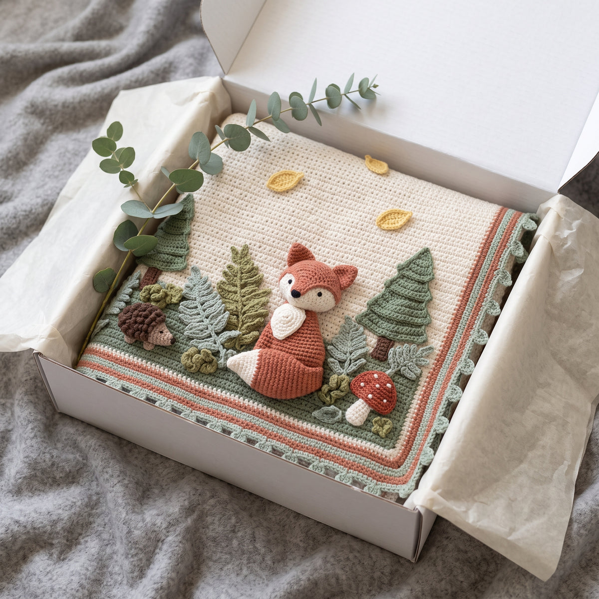 Woodland Fox Baby Blanket Crochet Pattern PDF, 3D Fox, Toadstools and Ferns Nursery Afghan, Gender Neutral Baby Gift