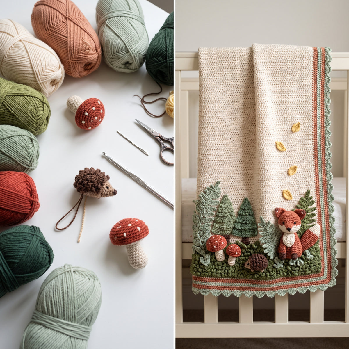 Woodland Fox Baby Blanket Crochet Pattern PDF, 3D Fox, Toadstools and Ferns Nursery Afghan, Gender Neutral Baby Gift