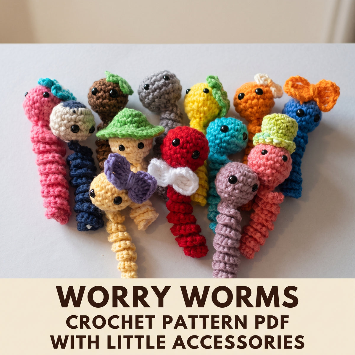 Worry Worm Crochet Pattern PDF, Pocket Hug Amigurumi with Hats and Bows, Quick Stash Buster, Easy Gift