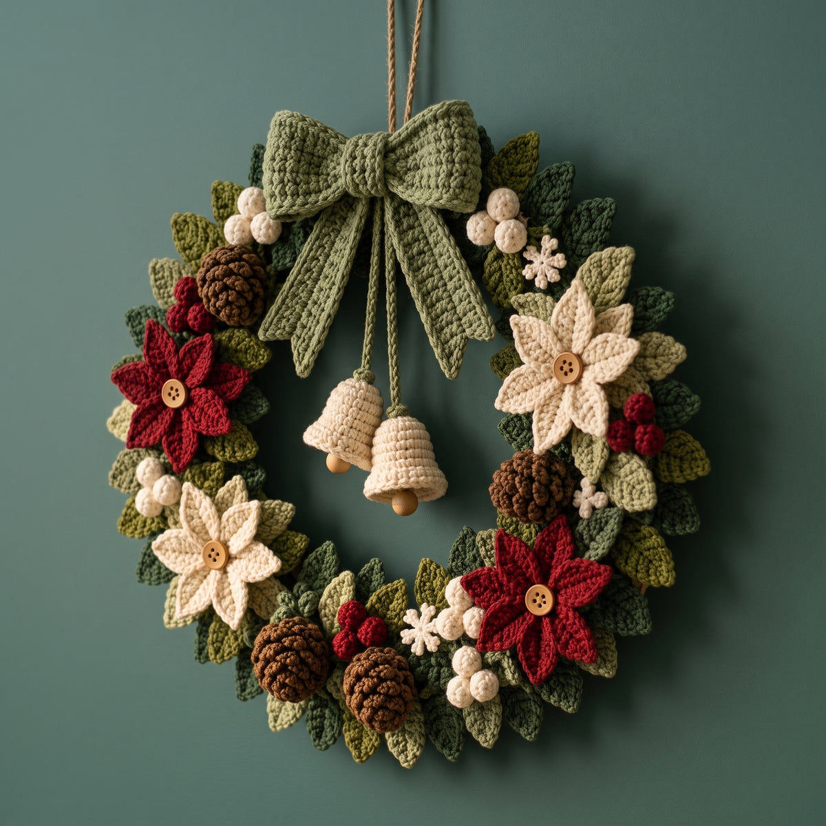 Crochet Christmas Wreath Pattern PDF | Poinsettias, Pinecones, Bells & Bow | Full Assembly Guide | US & UK Terms