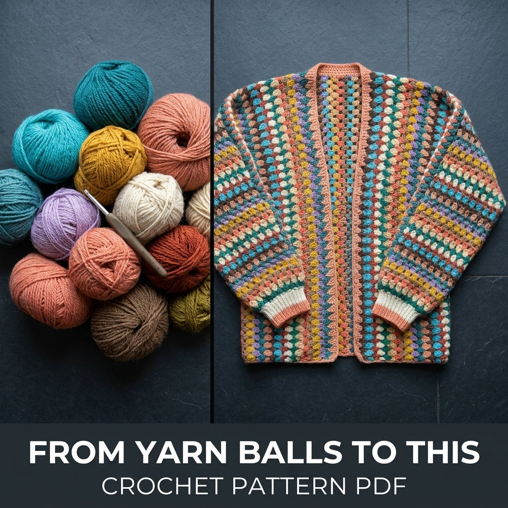 Granny Stripe Cardigan Crochet Pattern PDF - Colorful Open Front Boho Cardigan for Women