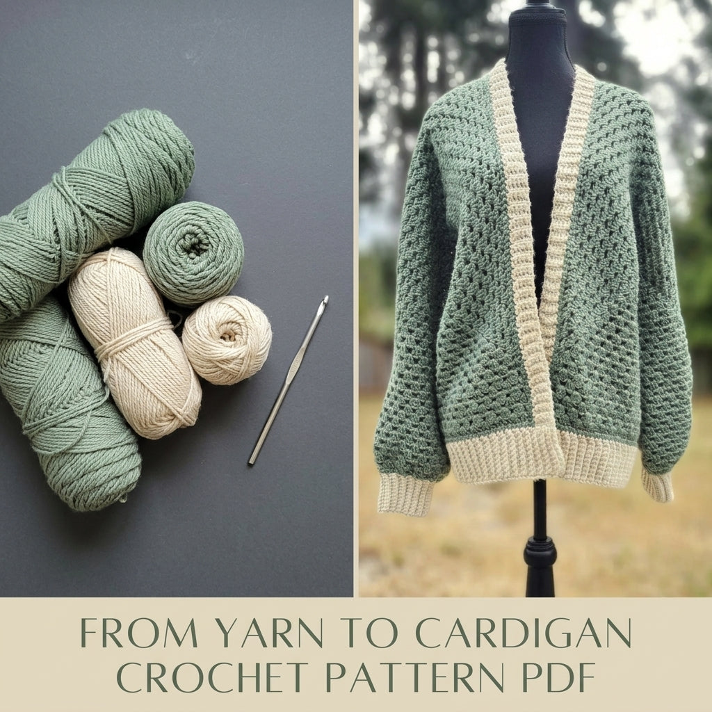 Sage Granny Stitch Cardigan Crochet Pattern PDF – Oversized Cardigan with Ribbed Band