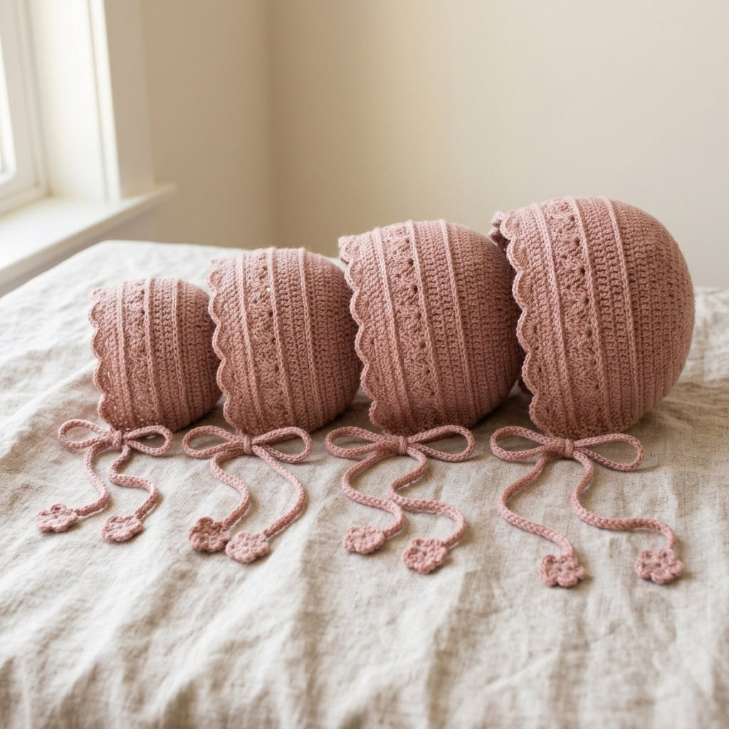 Baby Bonnet Crochet Pattern PDF, Scalloped Lace Bonnet with Flower Ties, Newborn to 12 Months, Easy Pattern, 5 Languages