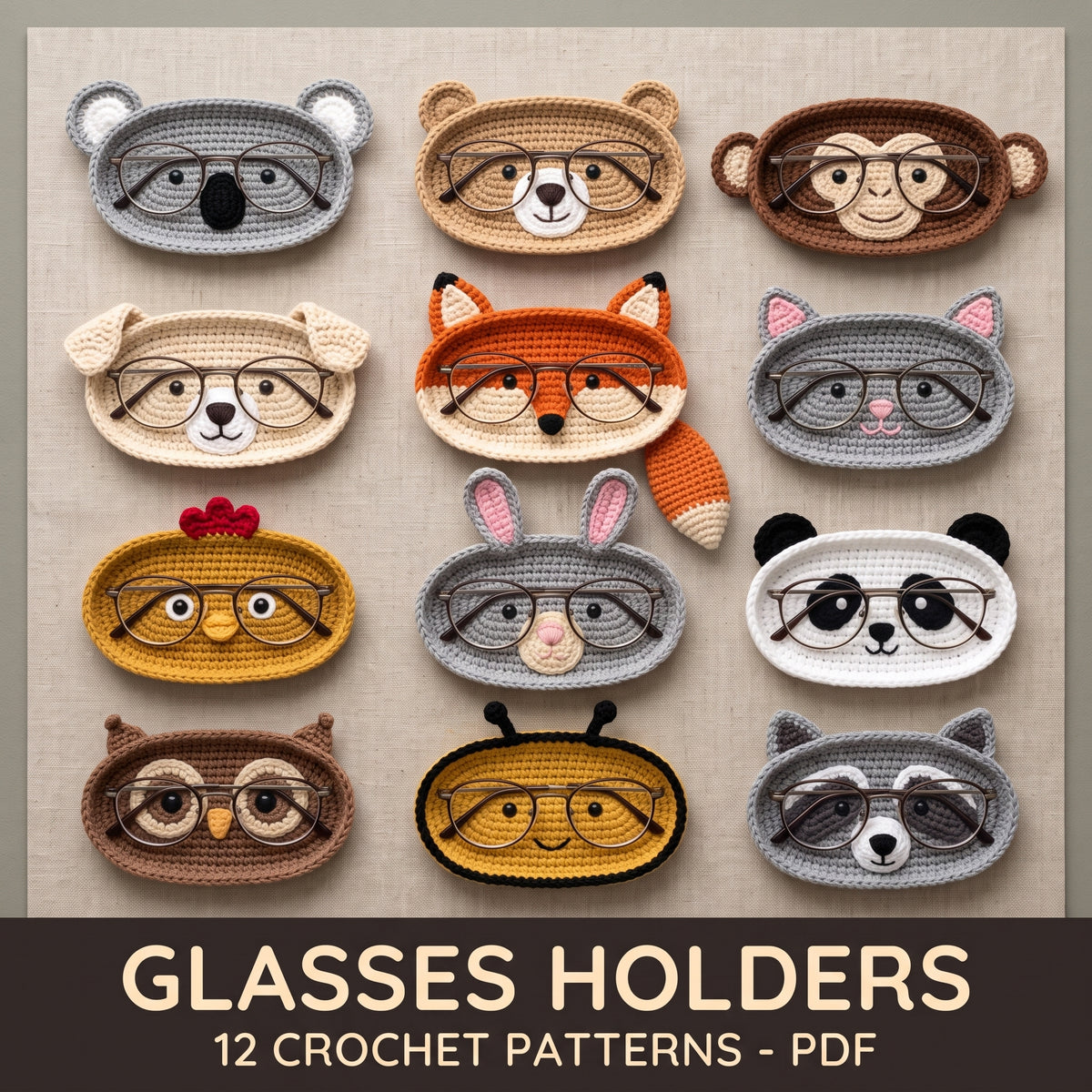 12 Animal Glasses Holder Crochet Patterns PDF Bundle, Eyeglass Tray