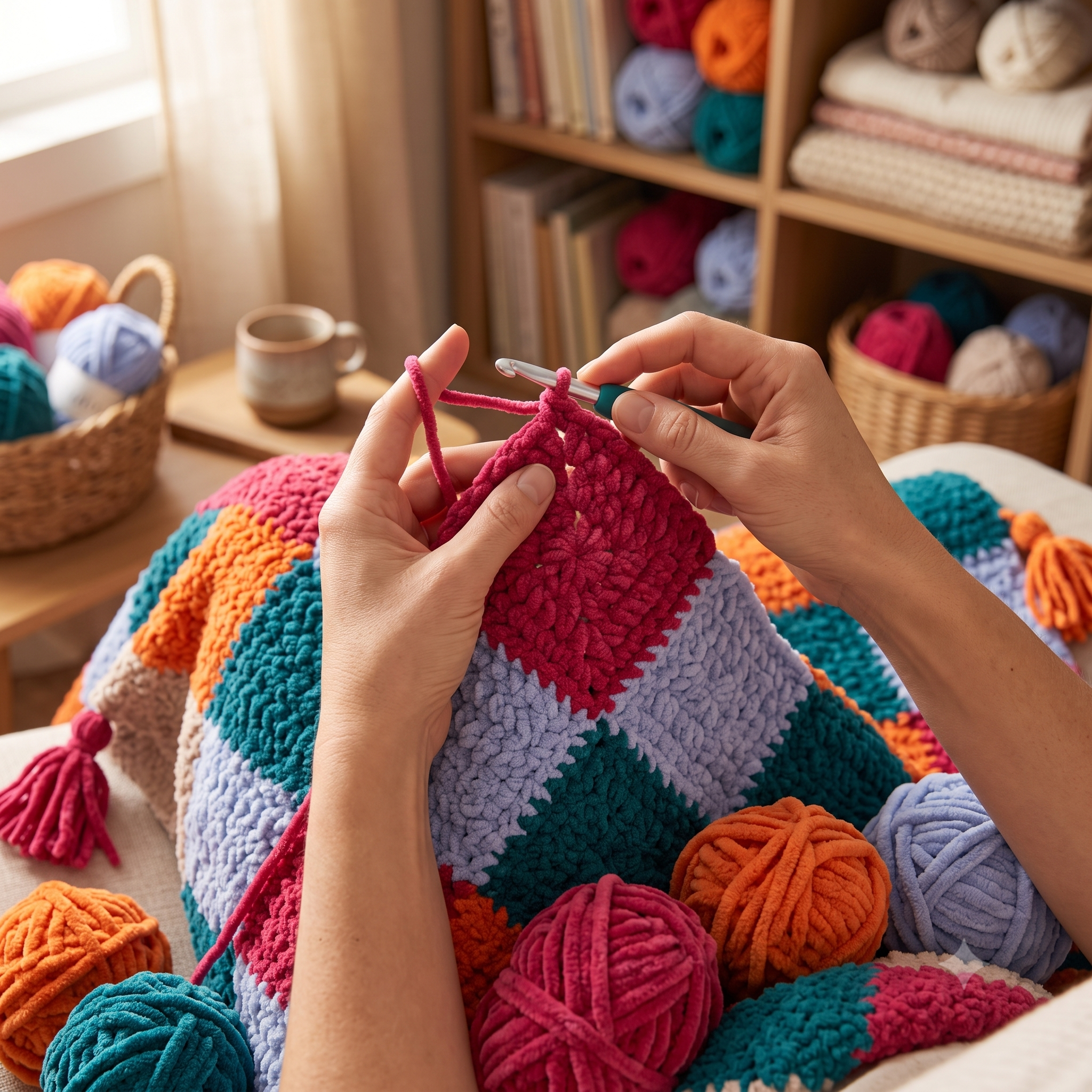 Granny Square Blanket Crochet Pattern – PDF Colorful Patchwork Throw – 80×100 cm – Plush Multicolor Blanket with Tassels – Instant Download