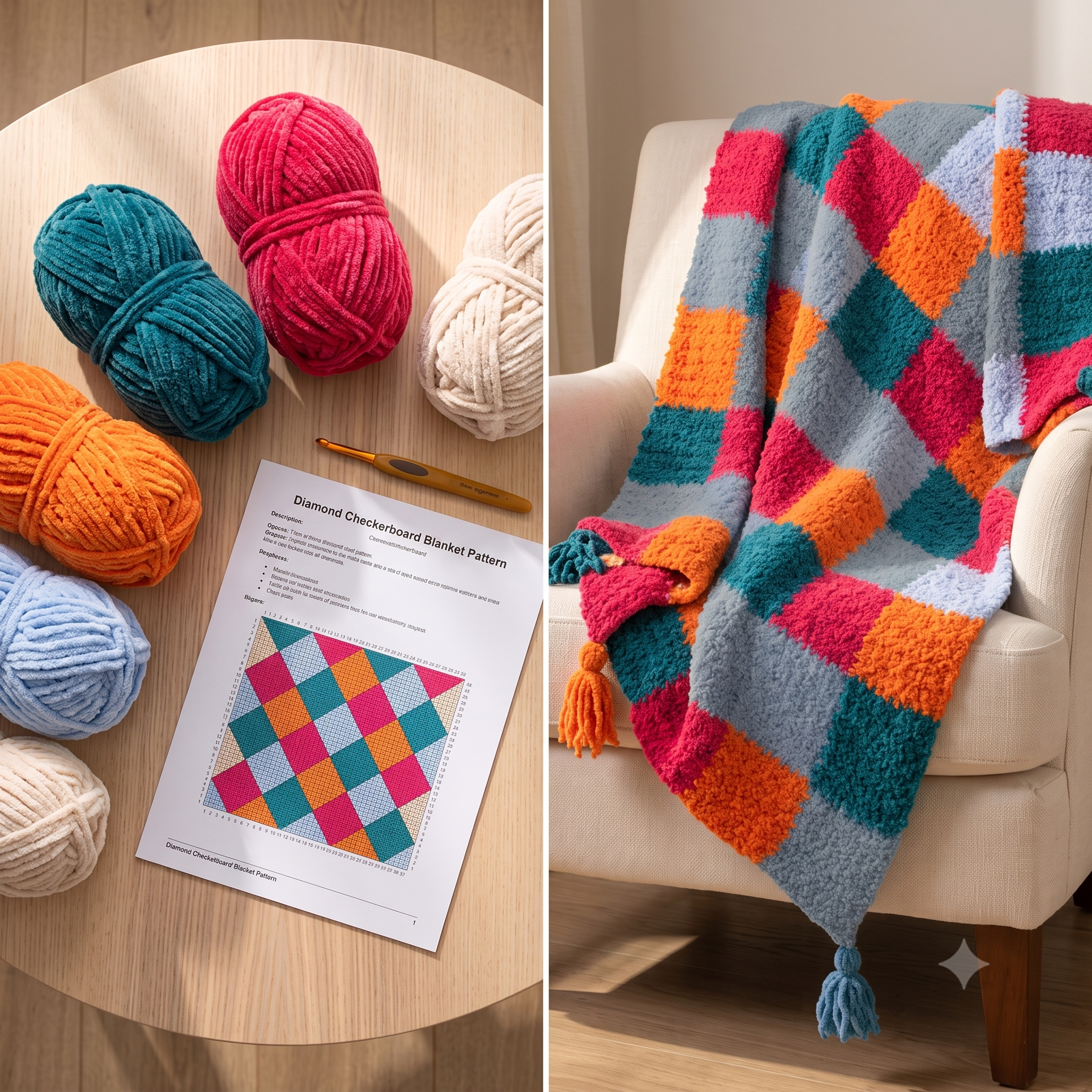 Granny Square Blanket Crochet Pattern – PDF Colorful Patchwork Throw – 80×100 cm – Plush Multicolor Blanket with Tassels – Instant Download