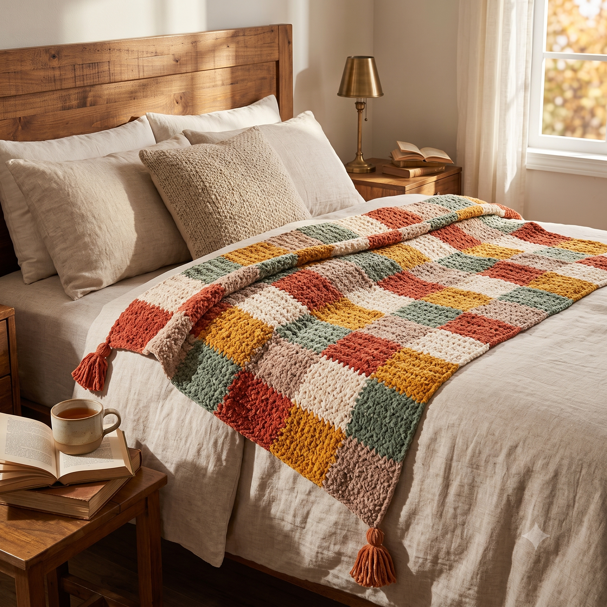 Granny Square Blanket Crochet Pattern – PDF Colorful Patchwork Throw – 80×100 cm – Plush Multicolor Blanket with Tassels – Instant Download