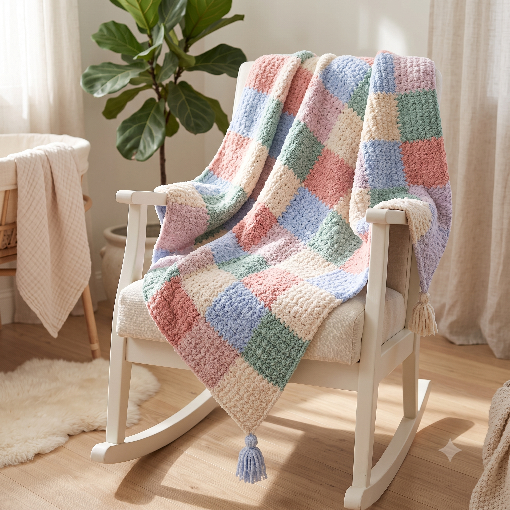 Granny Square Blanket Crochet Pattern – PDF Colorful Patchwork Throw – 80×100 cm – Plush Multicolor Blanket with Tassels – Instant Download