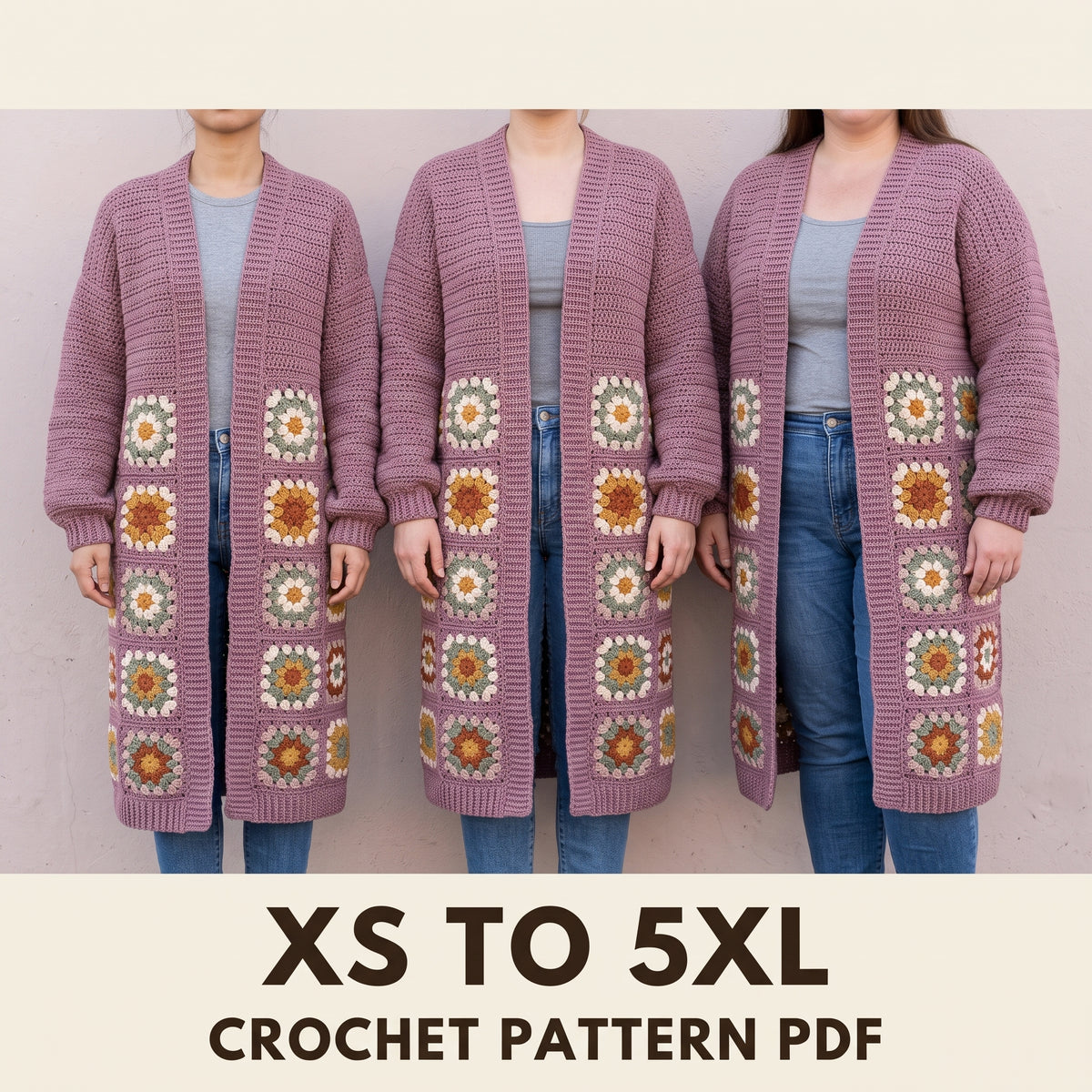 Long Crochet Cardigan Pattern, Flower Granny Square Back and Solid Front, Size Inclusive, Instant PDF