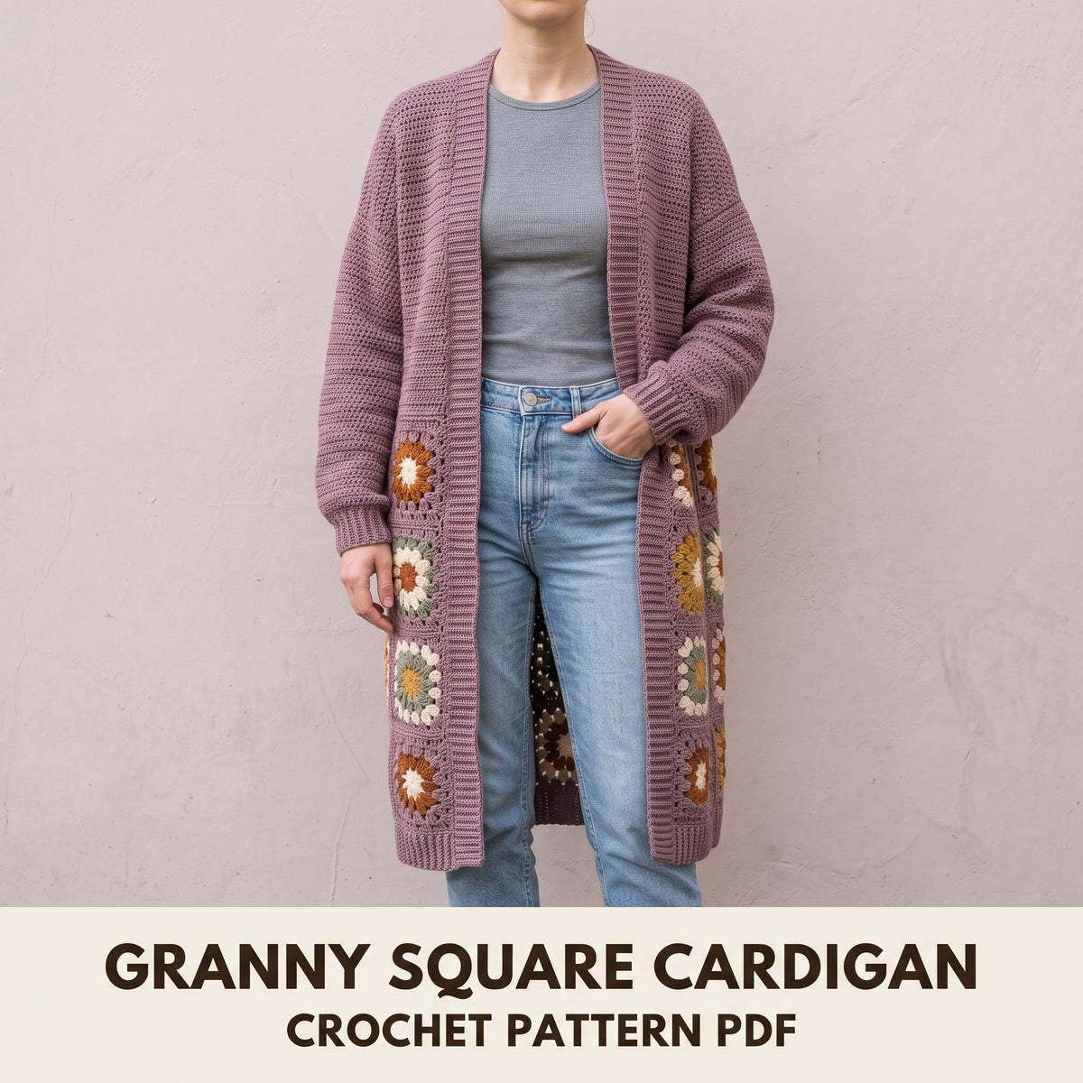 Long Crochet Cardigan Pattern, Flower Granny Square Back and Solid Front, Size Inclusive, Instant PDF