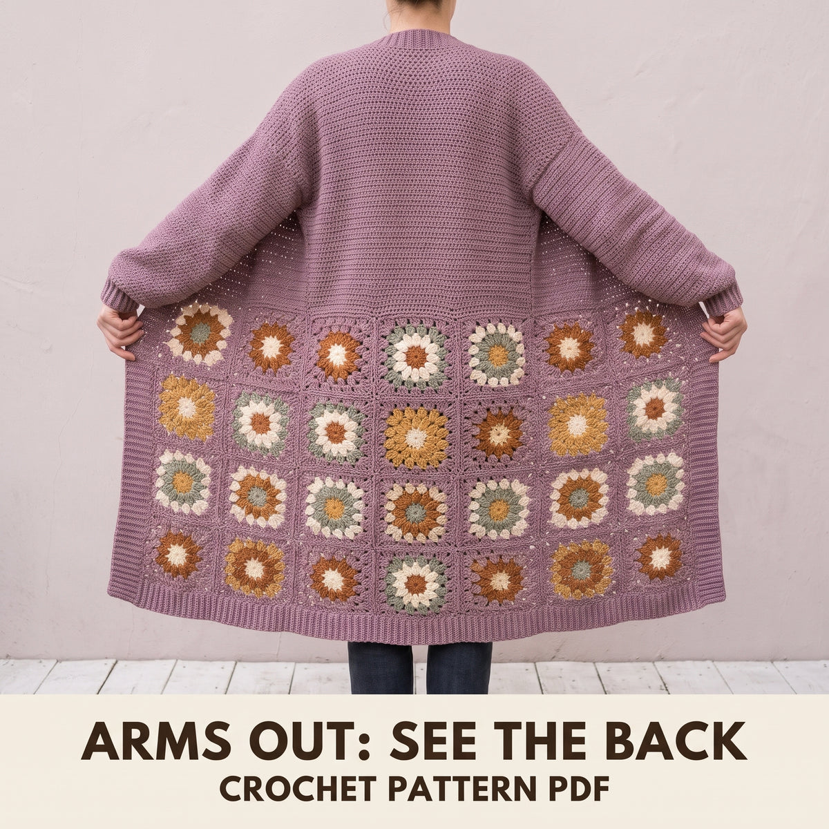 Long Crochet Cardigan Pattern, Flower Granny Square Back and Solid Front, Size Inclusive, Instant PDF