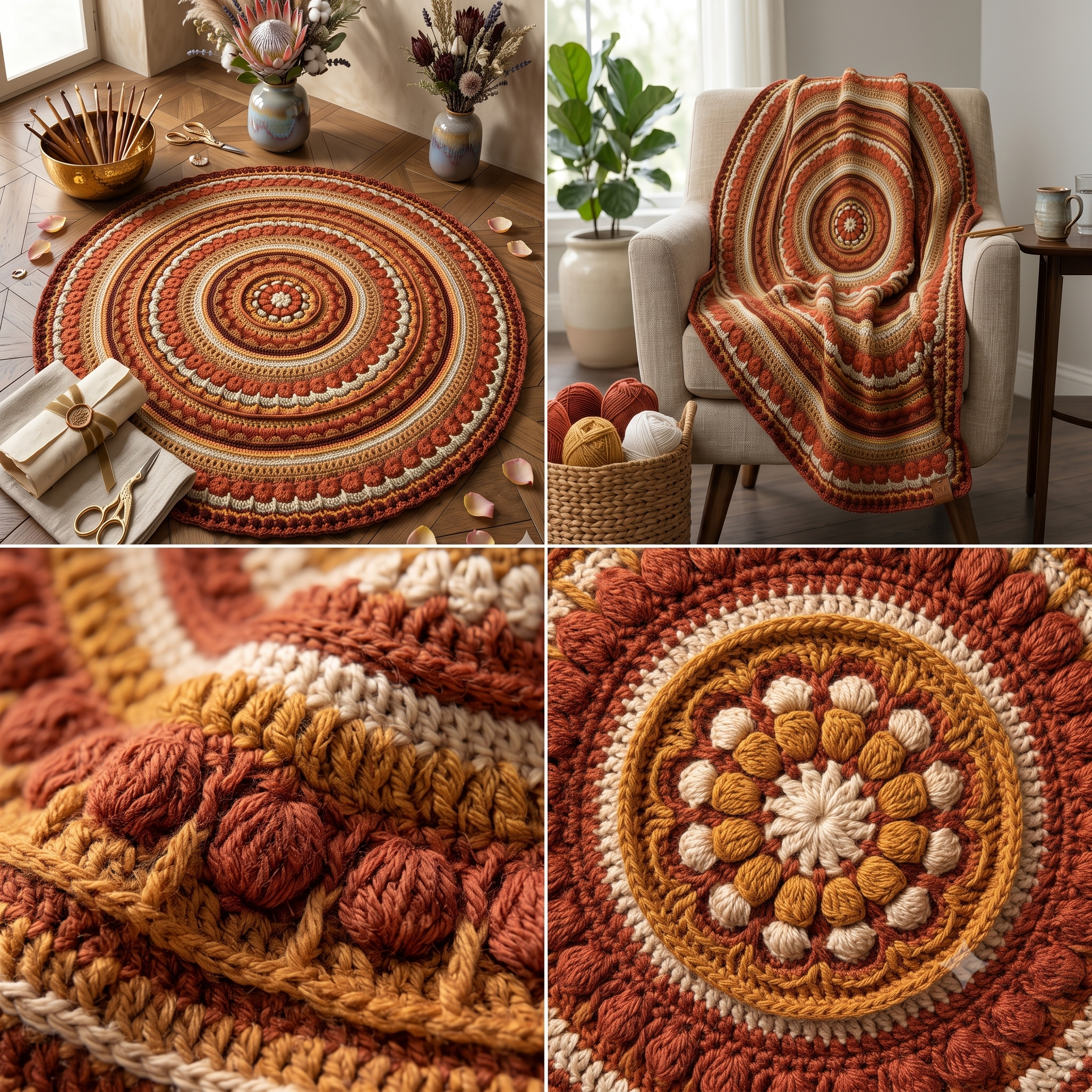 Mandala Crochet Blanket Pattern PDF, Circular Rug Crochet Pattern, Round Boho Throw, Textured Mandala Wall Hanging, Instant Download