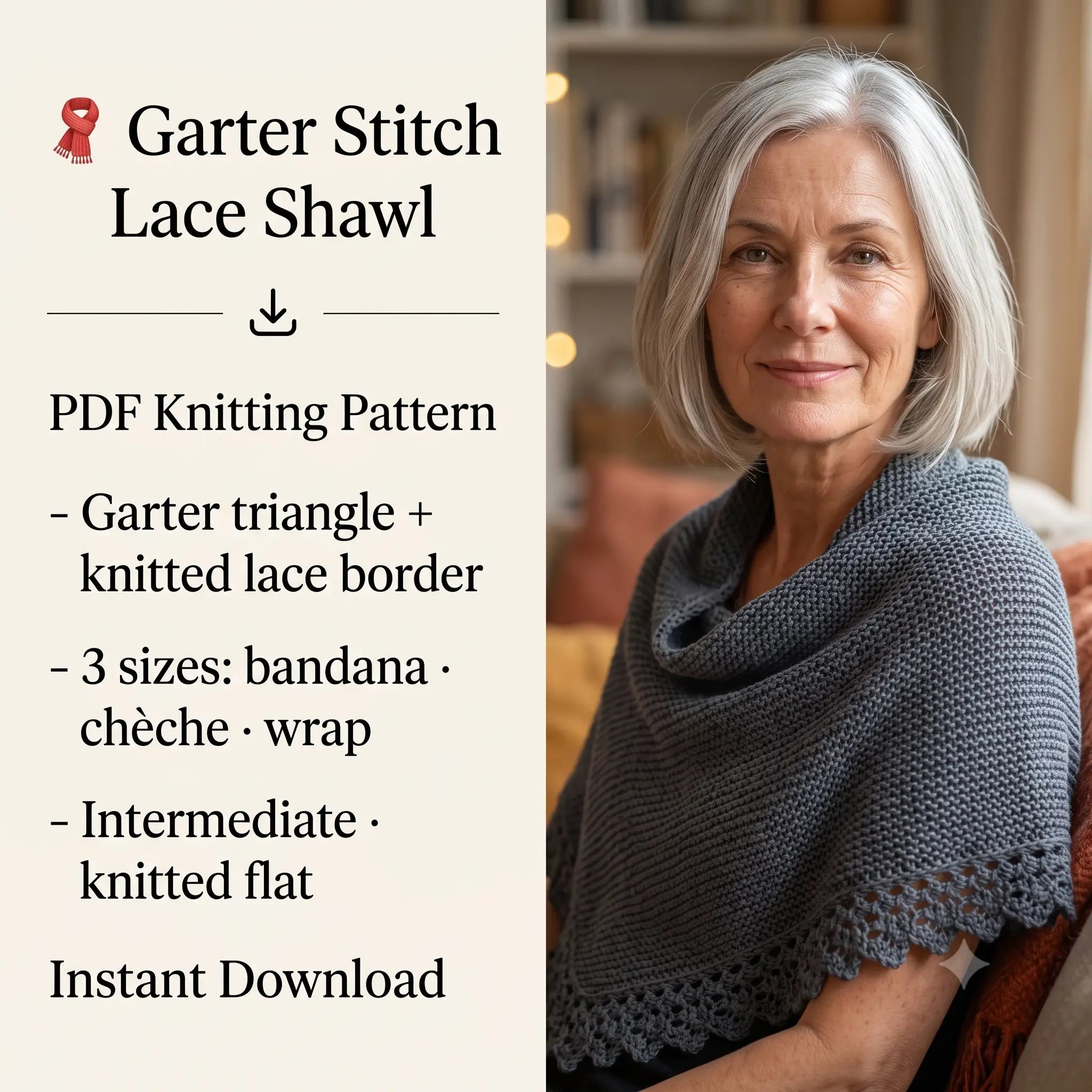 Knit Shawl Pattern PDF, Triangle Shawl Knitting Pattern, Garter Stitch Wrap with Lace Border, 3 Sizes, Beginner Friendly Instant Download