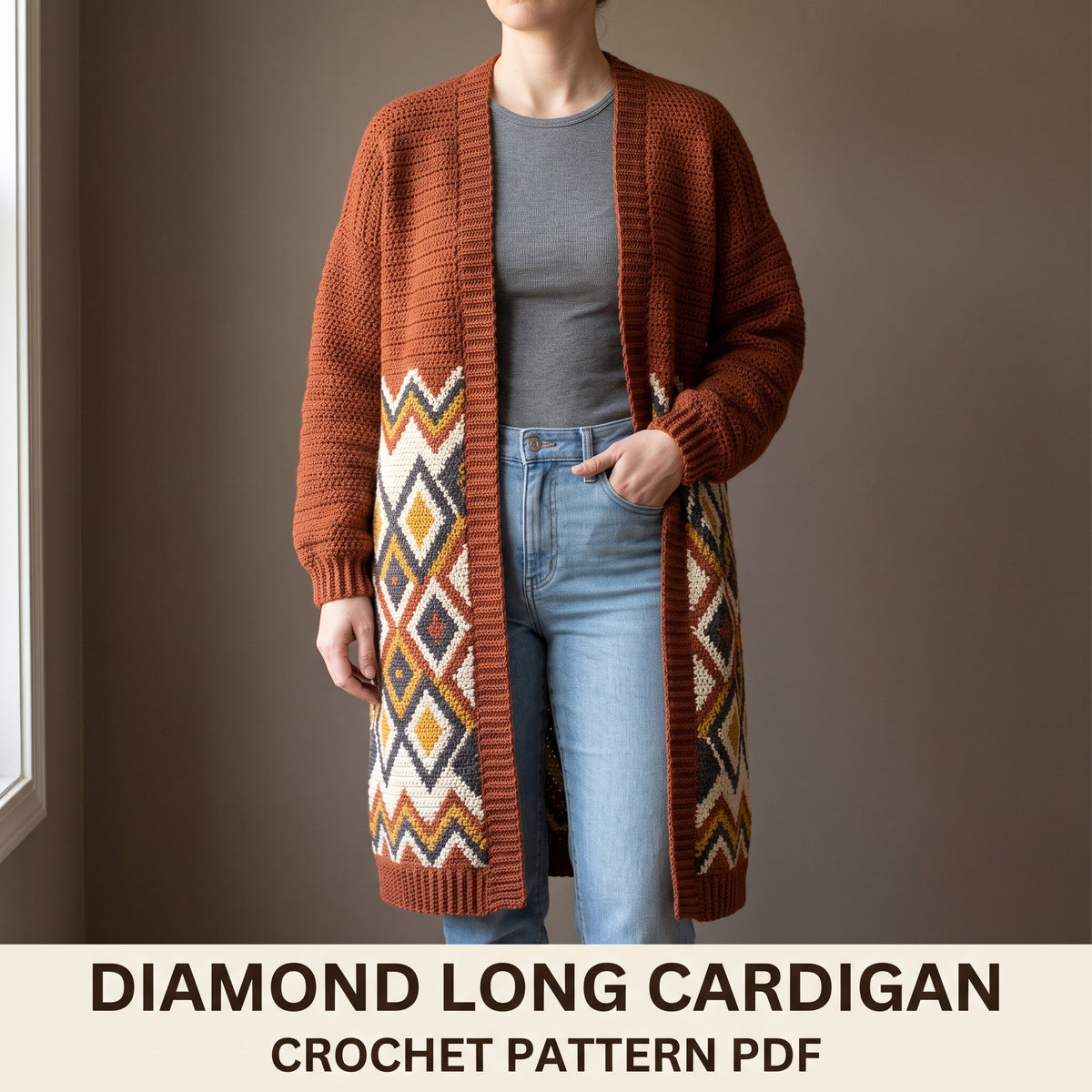 Long Boho Cardigan Crochet Pattern, Kilim Style Diamonds in Rust Cream and Mustard, Size Inclusive, PDF