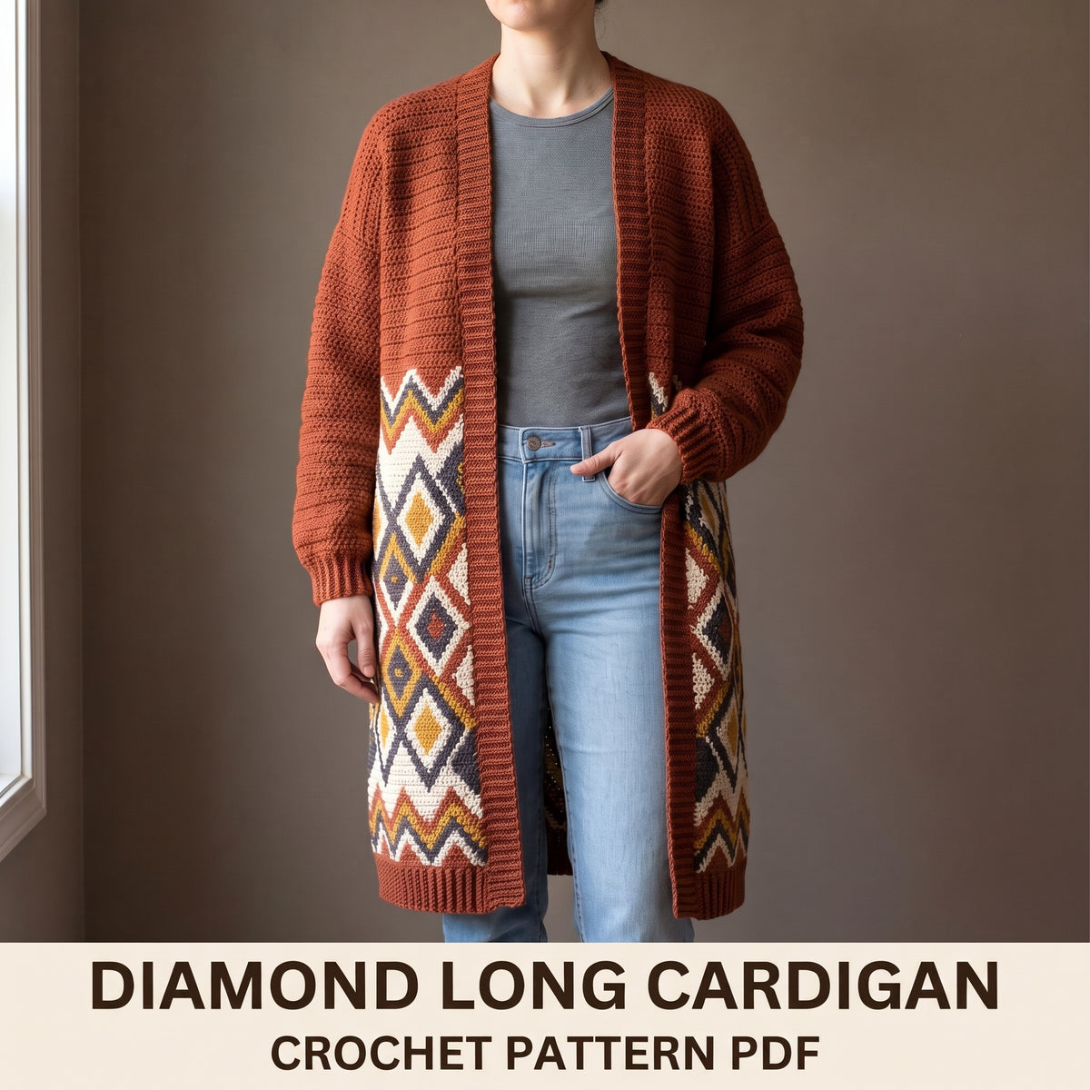 Long Boho Cardigan Crochet Pattern, Kilim Style Diamonds in Rust Cream and Mustard, Size Inclusive, PDF