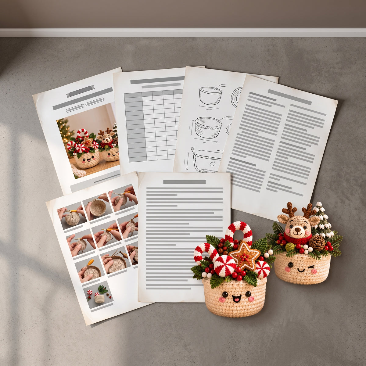 Christmas Crochet Pattern Bundle, 4 in 1 Christmas Basket Pots, Tree, Poinsettia, Candy Cane and Reindeer, PDF