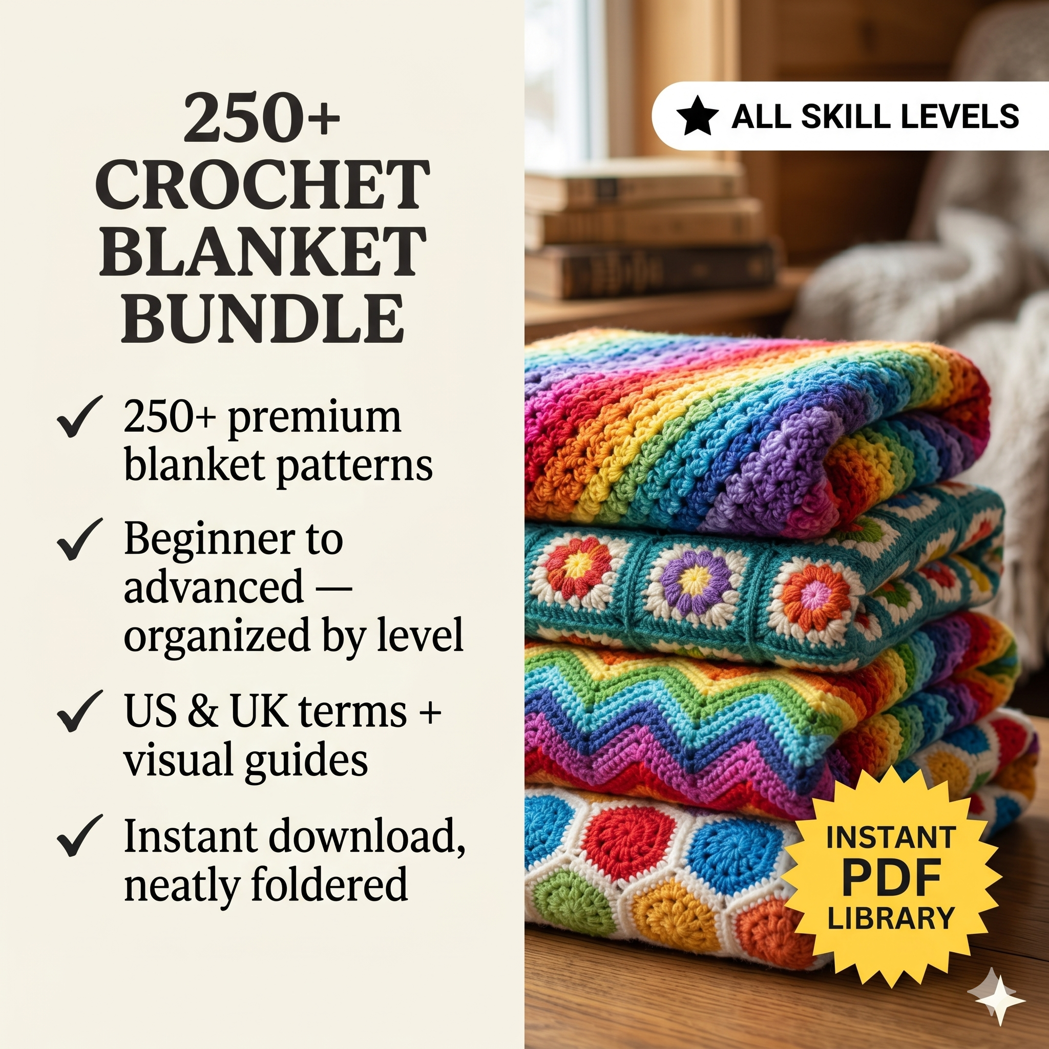 250+ Crochet Blanket Patterns Bundle | Afghan Blankets, Baby Blankets, Granny Blankets & Throws (PDF)
