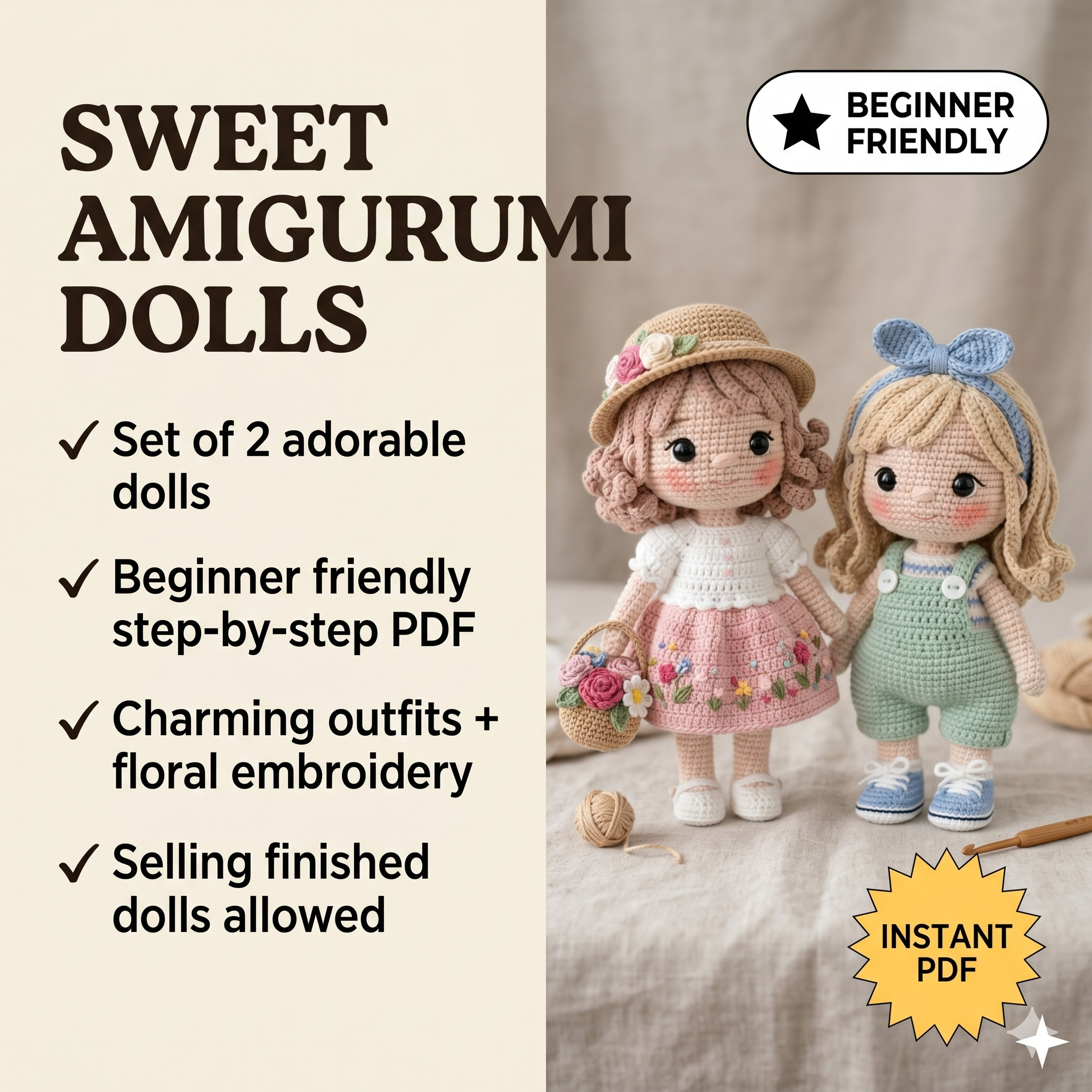Crochet Doll Pattern, Amigurumi Girl Toy, Beginner Friendly (PDF Pattern Only)