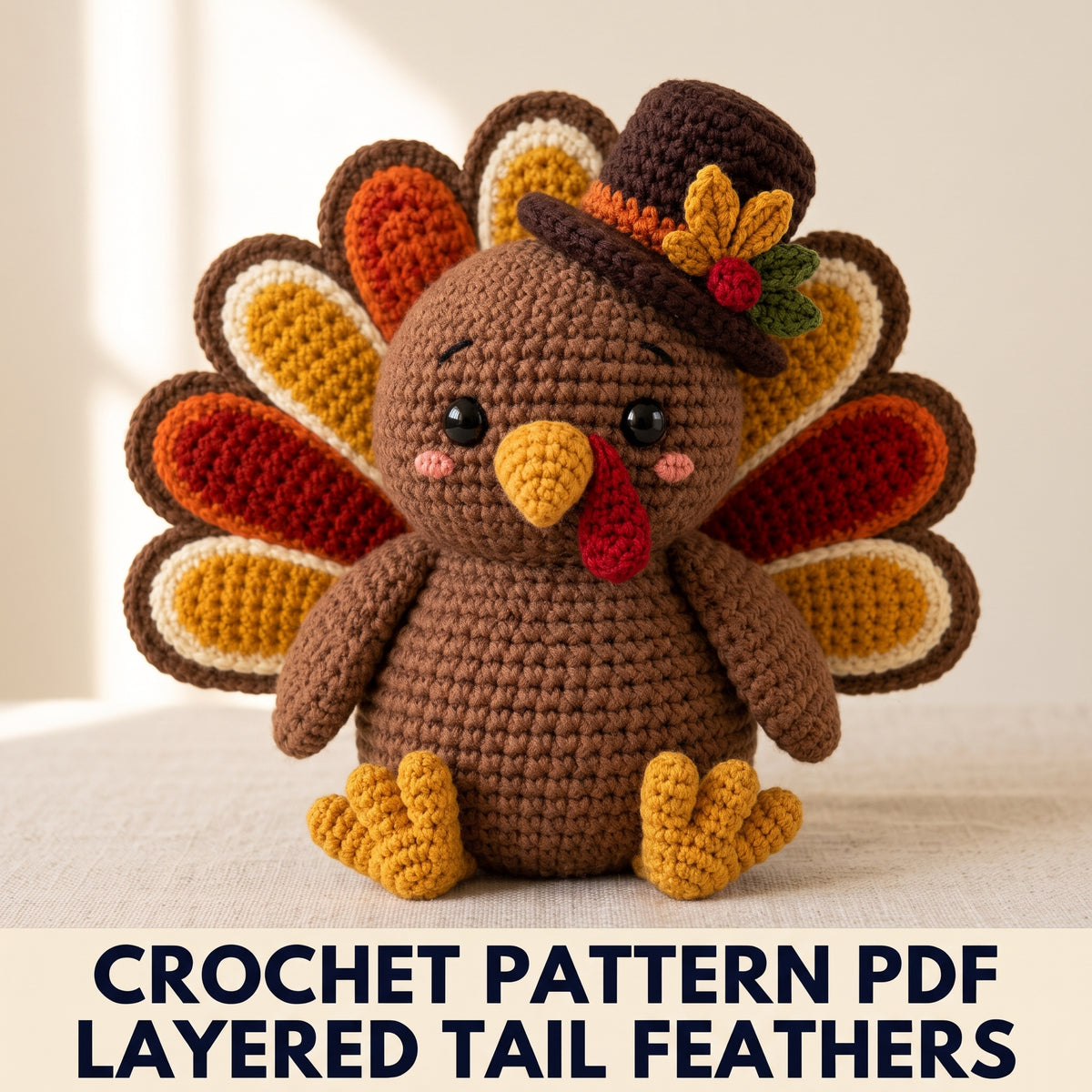 Amigurumi Turkey Crochet Pattern PDF – Thanksgiving Turkey with Top Hat and Layered Tail Feathers