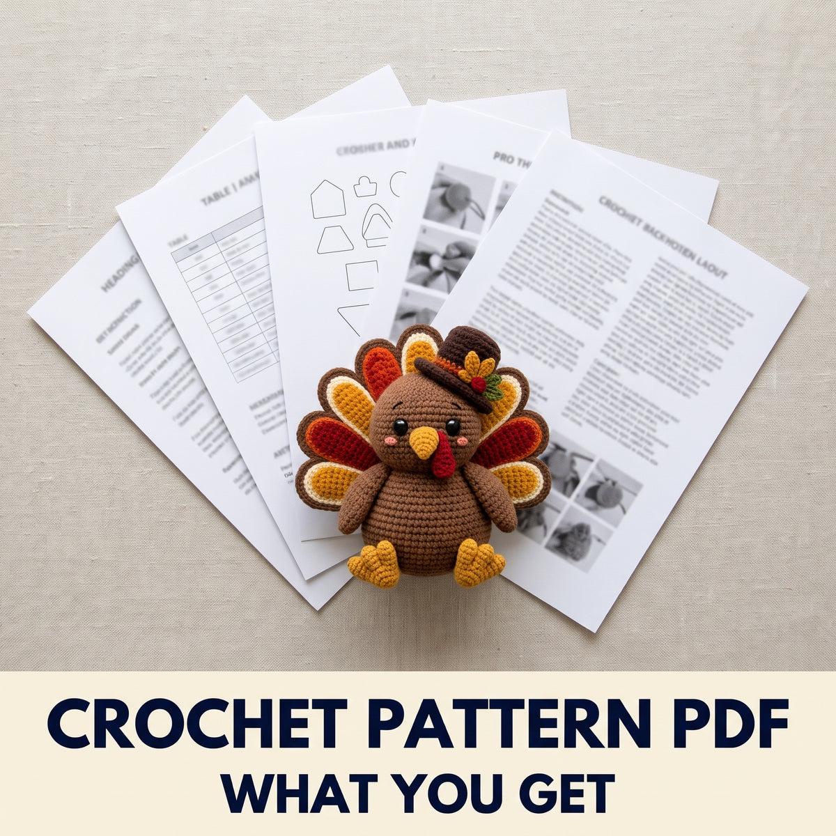 Amigurumi Turkey Crochet Pattern PDF – Thanksgiving Turkey with Top Hat and Layered Tail Feathers