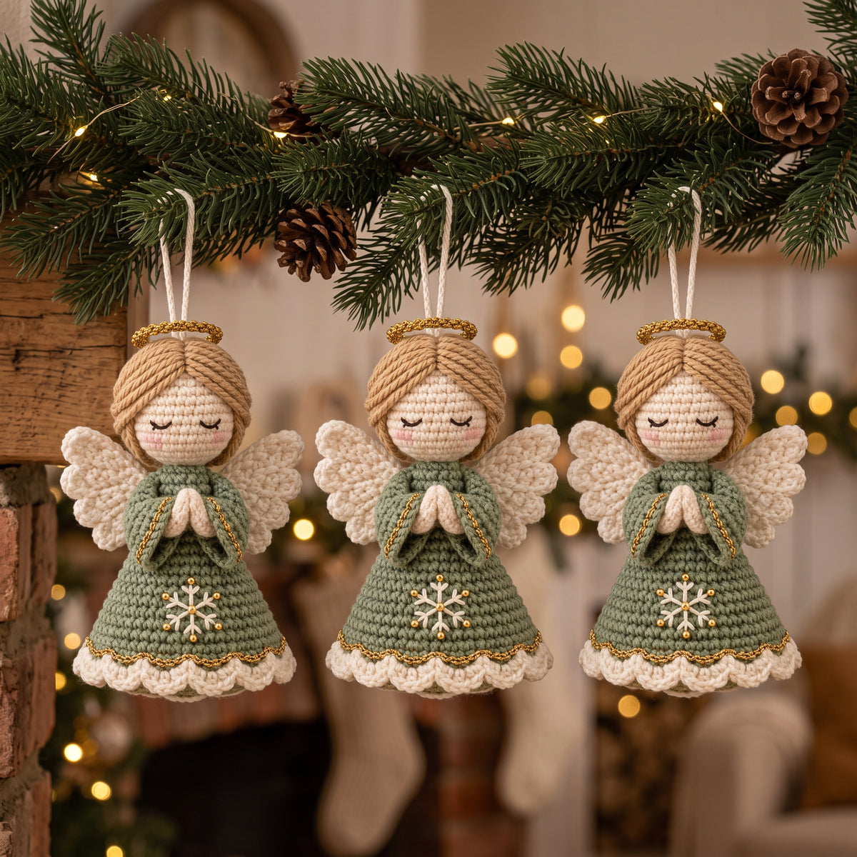 Crochet Angel Ornament Pattern PDF, Amigurumi Christmas Angel with Prayer Hands, Sage and Gold Tree Ornament