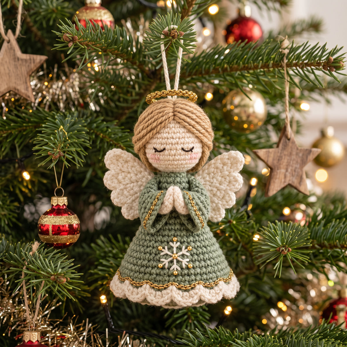 Crochet Angel Ornament Pattern PDF, Amigurumi Christmas Angel with Prayer Hands, Sage and Gold Tree Ornament