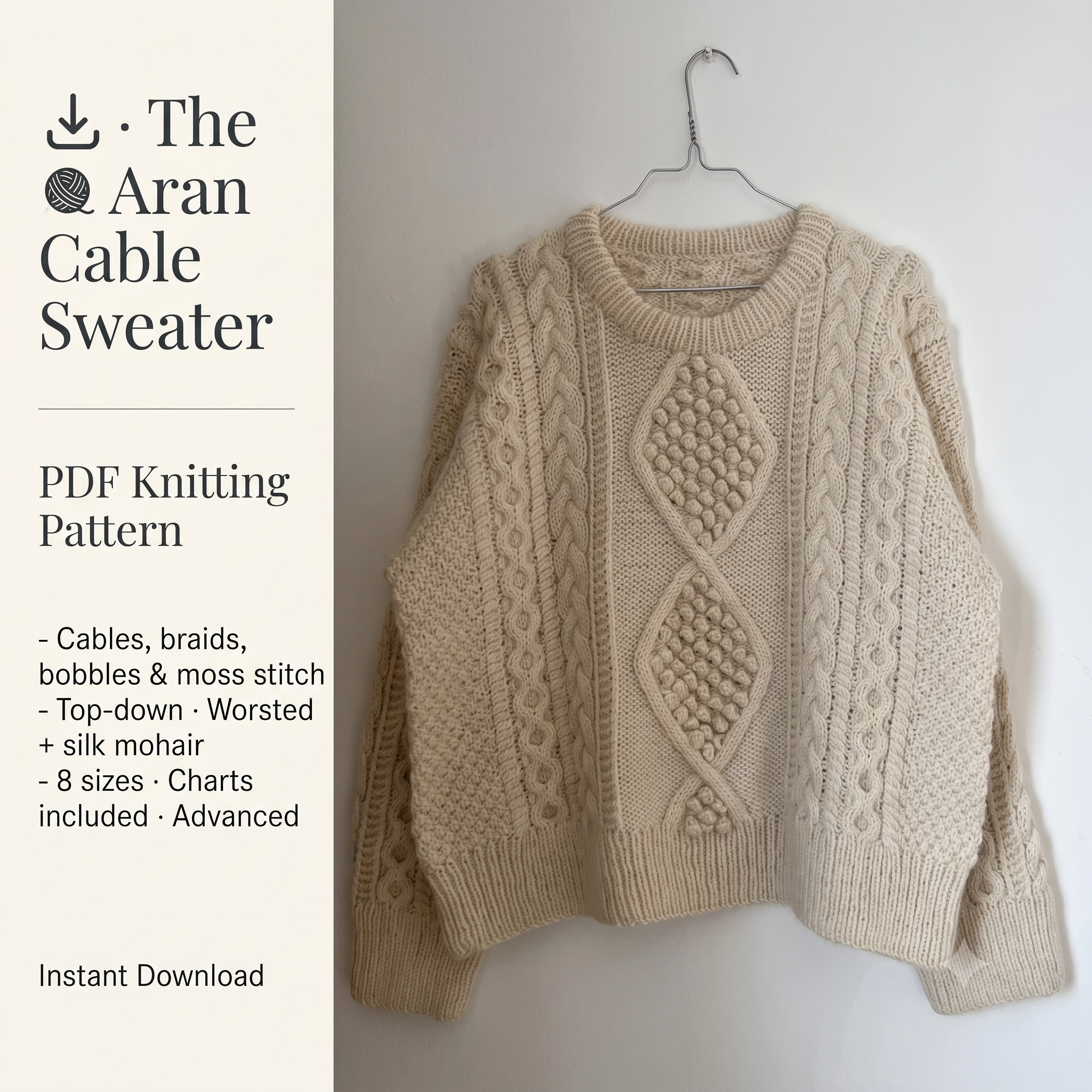 Aran Cable Sweater Knitting Pattern PDF | Top Down Fisherman Jumper | 8 Sizes Worsted and Mohair | Instant Download
