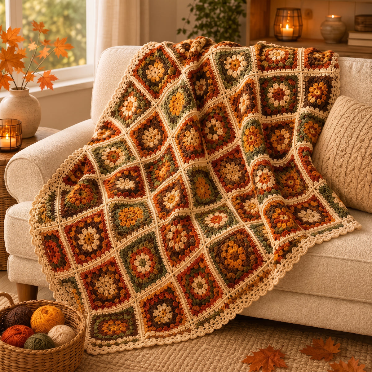 Granny Square Blanket Crochet Pattern | Autumn Flower Squares with Scalloped Border | Scrap Friendly | Instant Download PDF