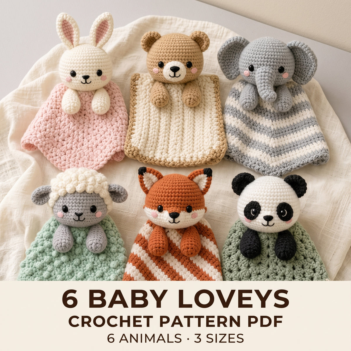 Baby Lovey Crochet Pattern Bundle, 6 Animal Security Blankets, Bunny, Bear, Elephant, Lamb, Fox, Panda, 3 Sizes