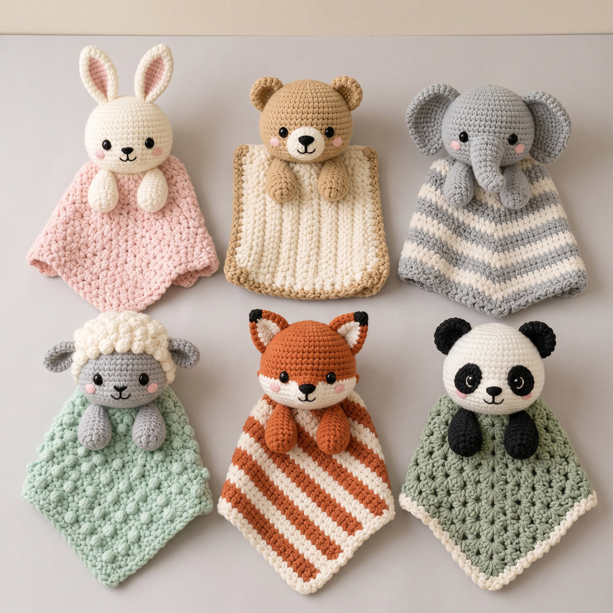 Baby Lovey Crochet Pattern Bundle, 6 Animal Security Blankets, Bunny, Bear, Elephant, Lamb, Fox, Panda, 3 Sizes