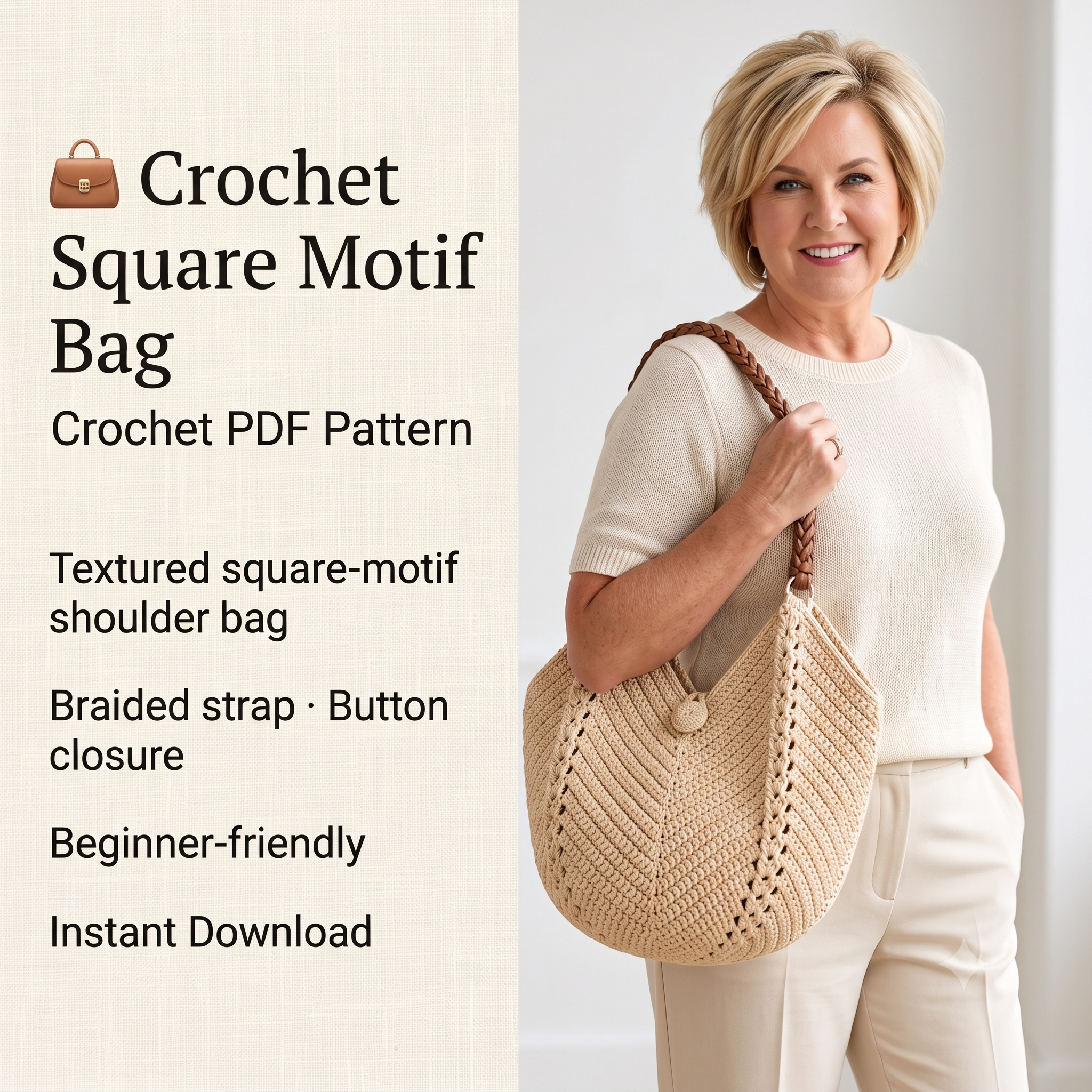 Crochet Square Motif Shoulder Bag Pattern PDF, Easy Purse Tutorial, Textured Bag Pattern, Digital Download, Beginner Friendly