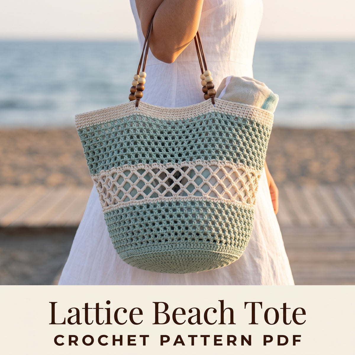 Crochet Beach Bag Pattern PDF, Round Mesh Tote with Lattice Band and Wooden Bead Handles, Summer Market Bag Crochet Pattern