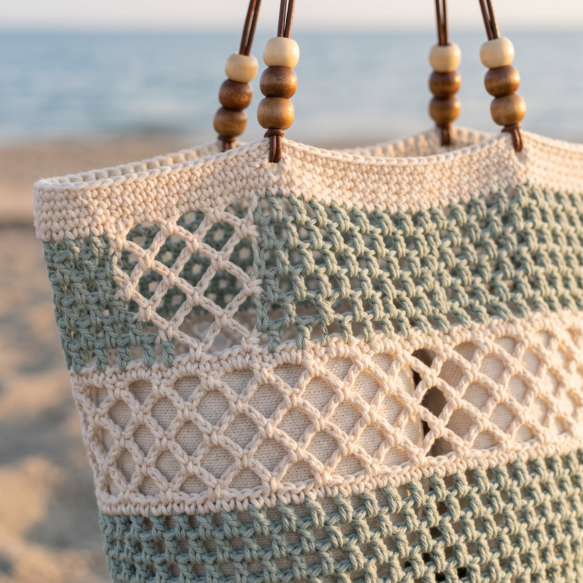 Crochet Beach Bag Pattern PDF, Round Mesh Tote with Lattice Band and Wooden Bead Handles, Summer Market Bag Crochet Pattern
