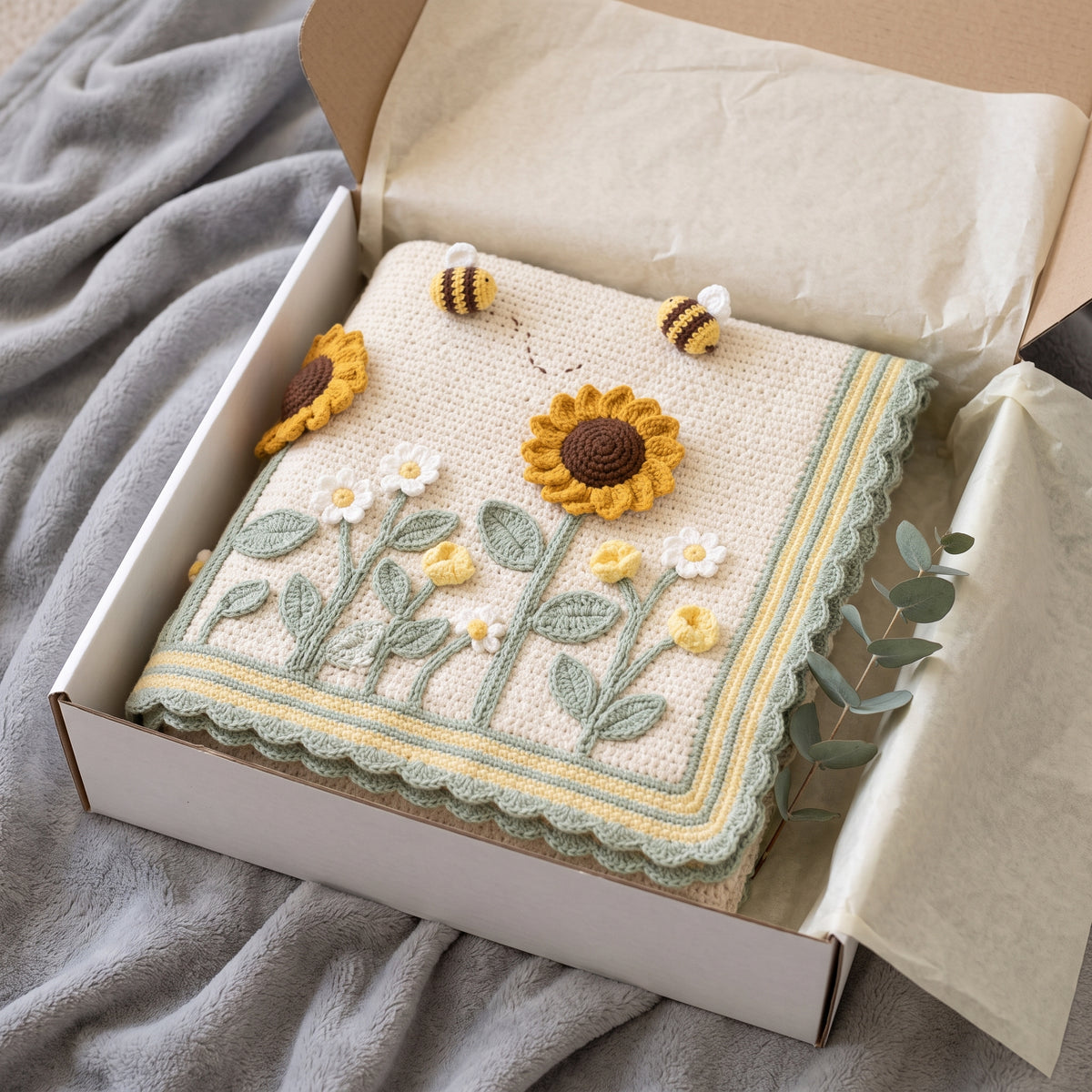 Bee Baby Blanket Crochet Pattern PDF, 3D Bumblebees and Sunflower Meadow Nursery Afghan, Gender Neutral Baby Gift