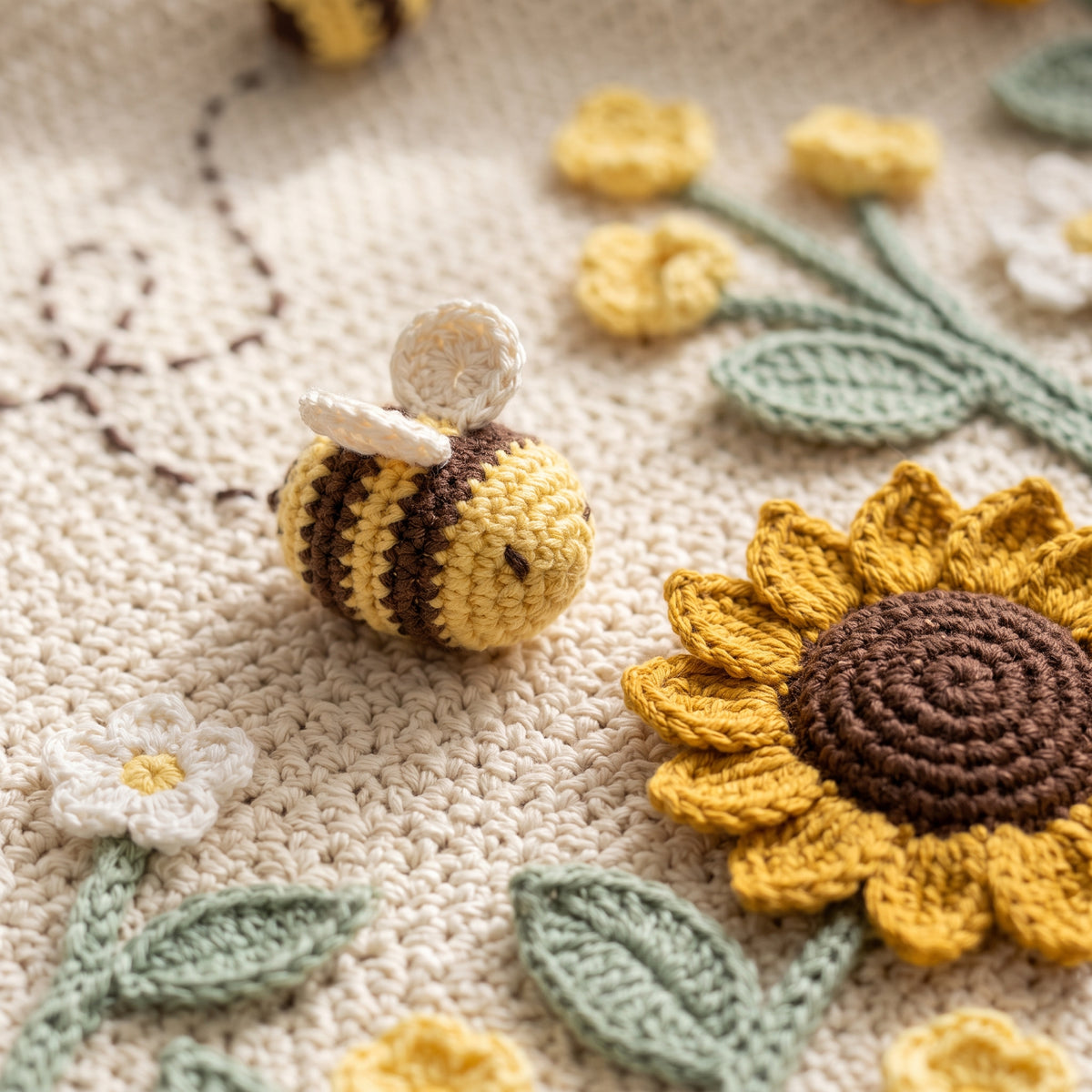 Bee Baby Blanket Crochet Pattern PDF, 3D Bumblebees and Sunflower Meadow Nursery Afghan, Gender Neutral Baby Gift