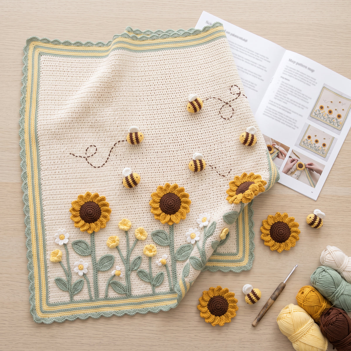 Bee Baby Blanket Crochet Pattern PDF, 3D Bumblebees and Sunflower Meadow Nursery Afghan, Gender Neutral Baby Gift