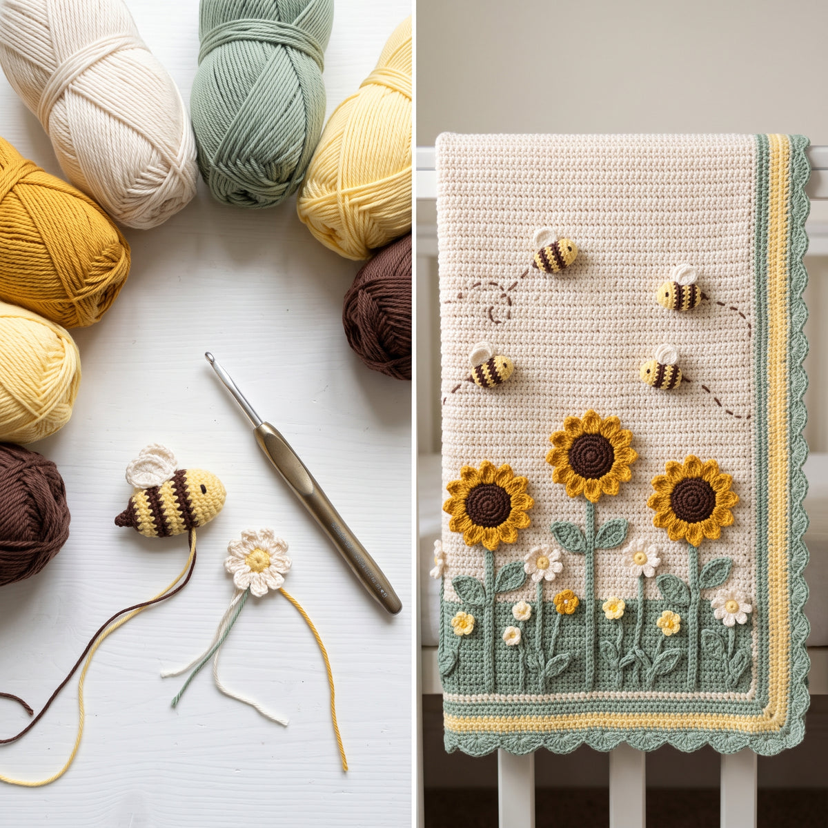 Bee Baby Blanket Crochet Pattern PDF, 3D Bumblebees and Sunflower Meadow Nursery Afghan, Gender Neutral Baby Gift