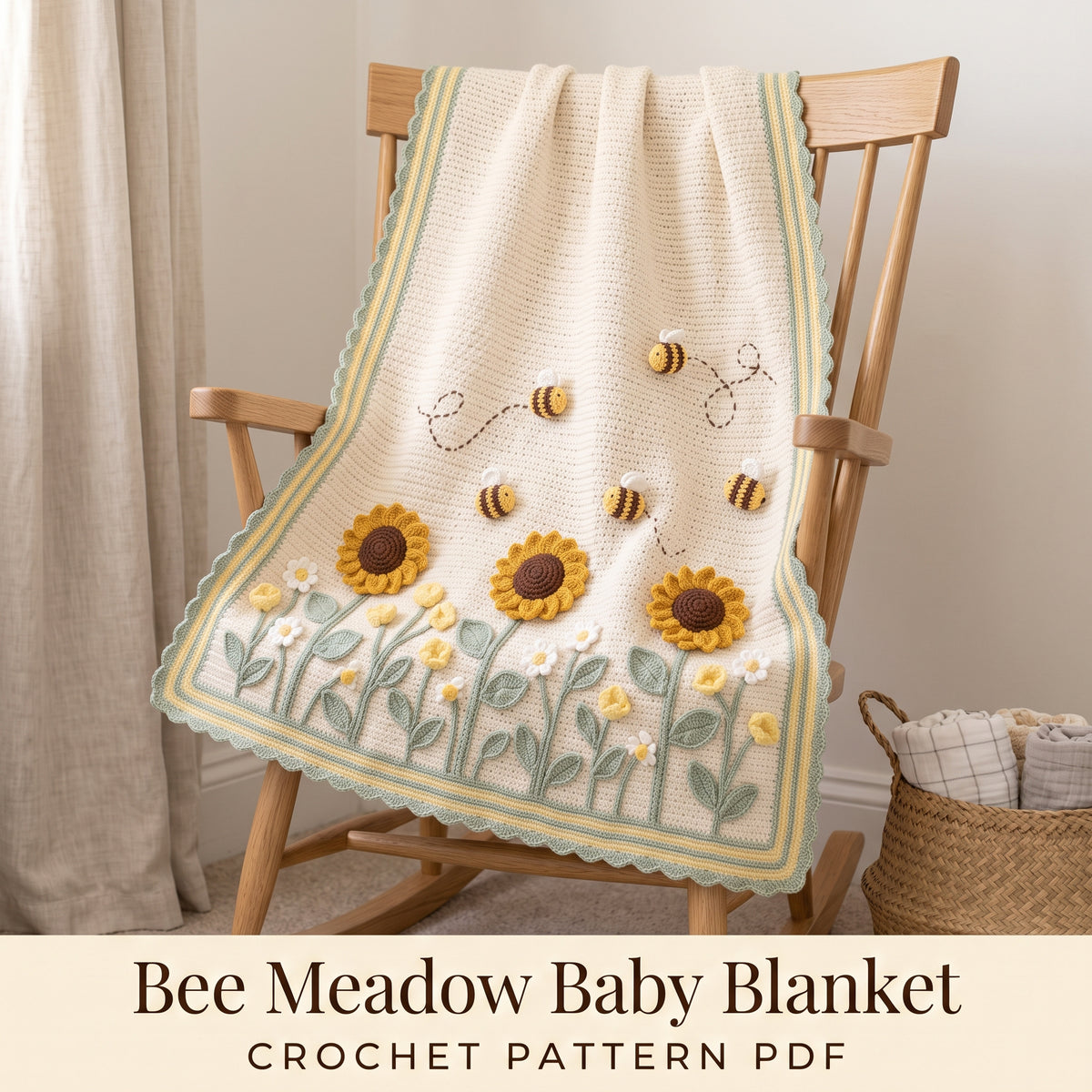 Bee Baby Blanket Crochet Pattern PDF, 3D Bumblebees and Sunflower Meadow Nursery Afghan, Gender Neutral Baby Gift