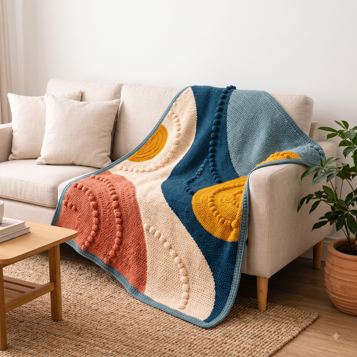 Bobble Colour Block Crochet Blanket Pattern | Modern Boho Throw | Curved Intarsia Design | Instant Download PDF