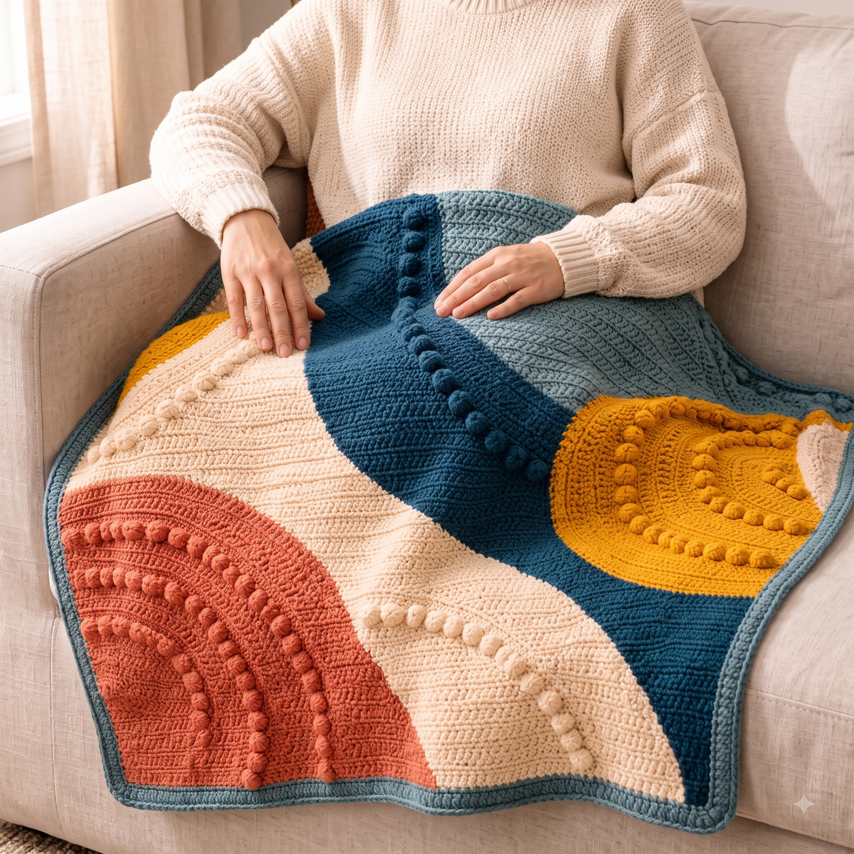 Bobble Colour Block Crochet Blanket Pattern | Modern Boho Throw | Curved Intarsia Design | Instant Download PDF