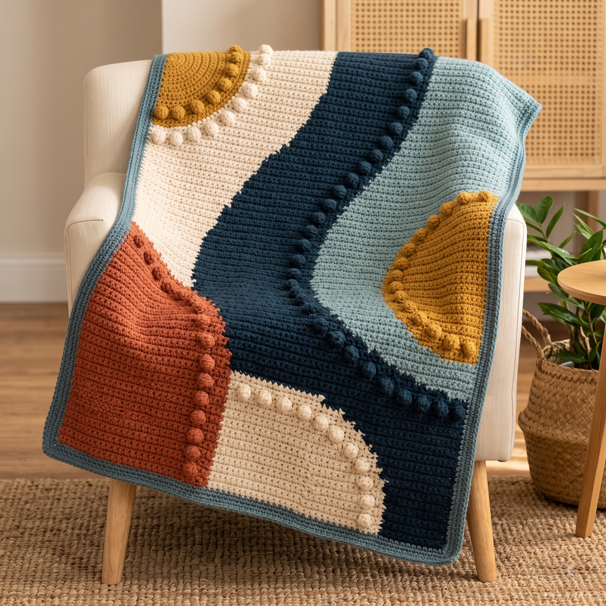 Bobble Colour Block Crochet Blanket Pattern | Modern Boho Throw | Curved Intarsia Design | Instant Download PDF