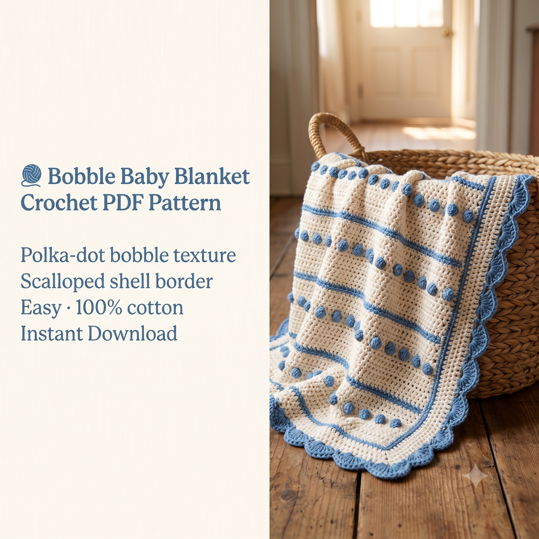 Crochet Bobble Baby Blanket Pattern PDF, Textured Polka Dot Blanket, Shell Border, Easy Download, Baby Shower Gift, US Terms