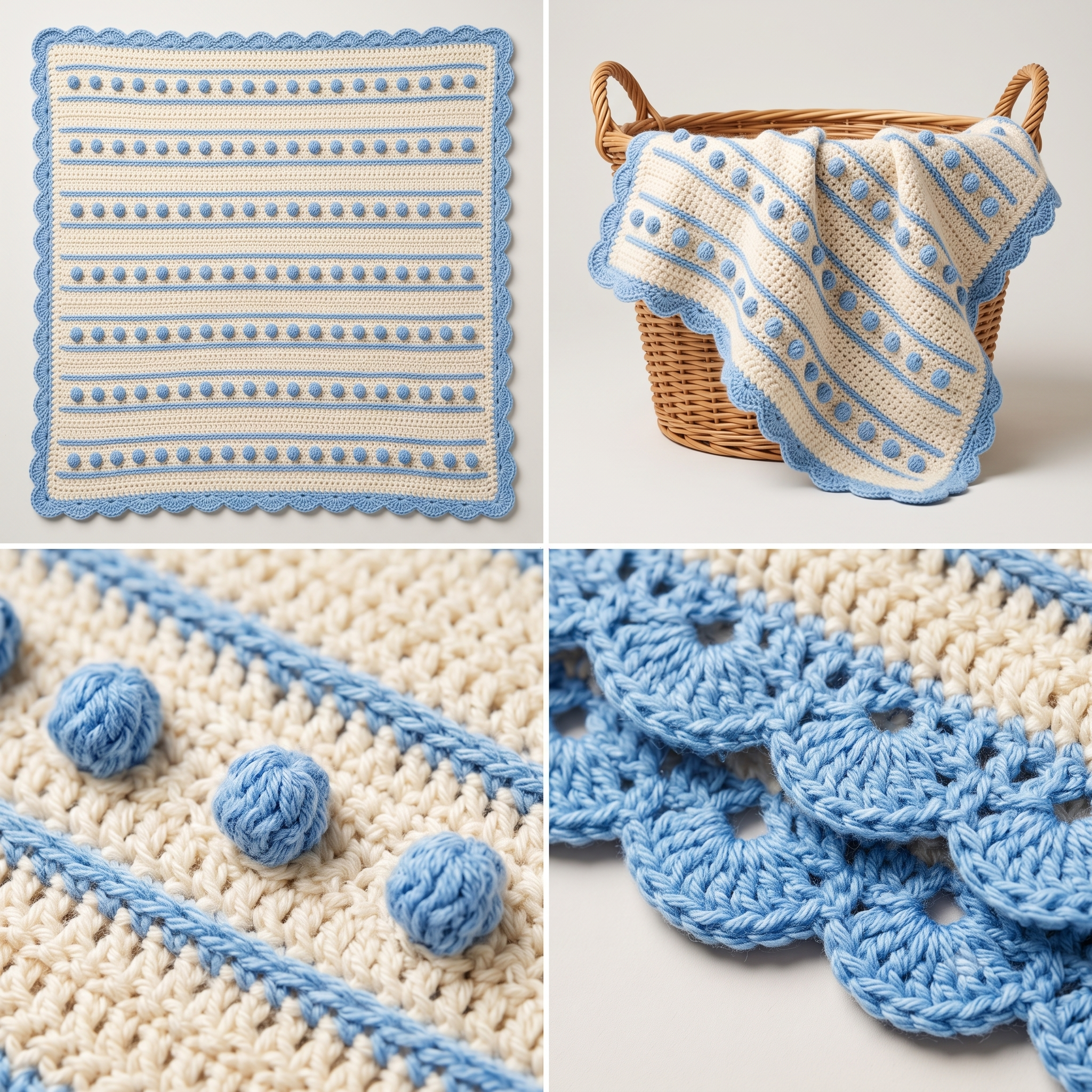 Crochet Bobble Baby Blanket Pattern PDF, Textured Polka Dot Blanket, Shell Border, Easy Download, Baby Shower Gift, US Terms