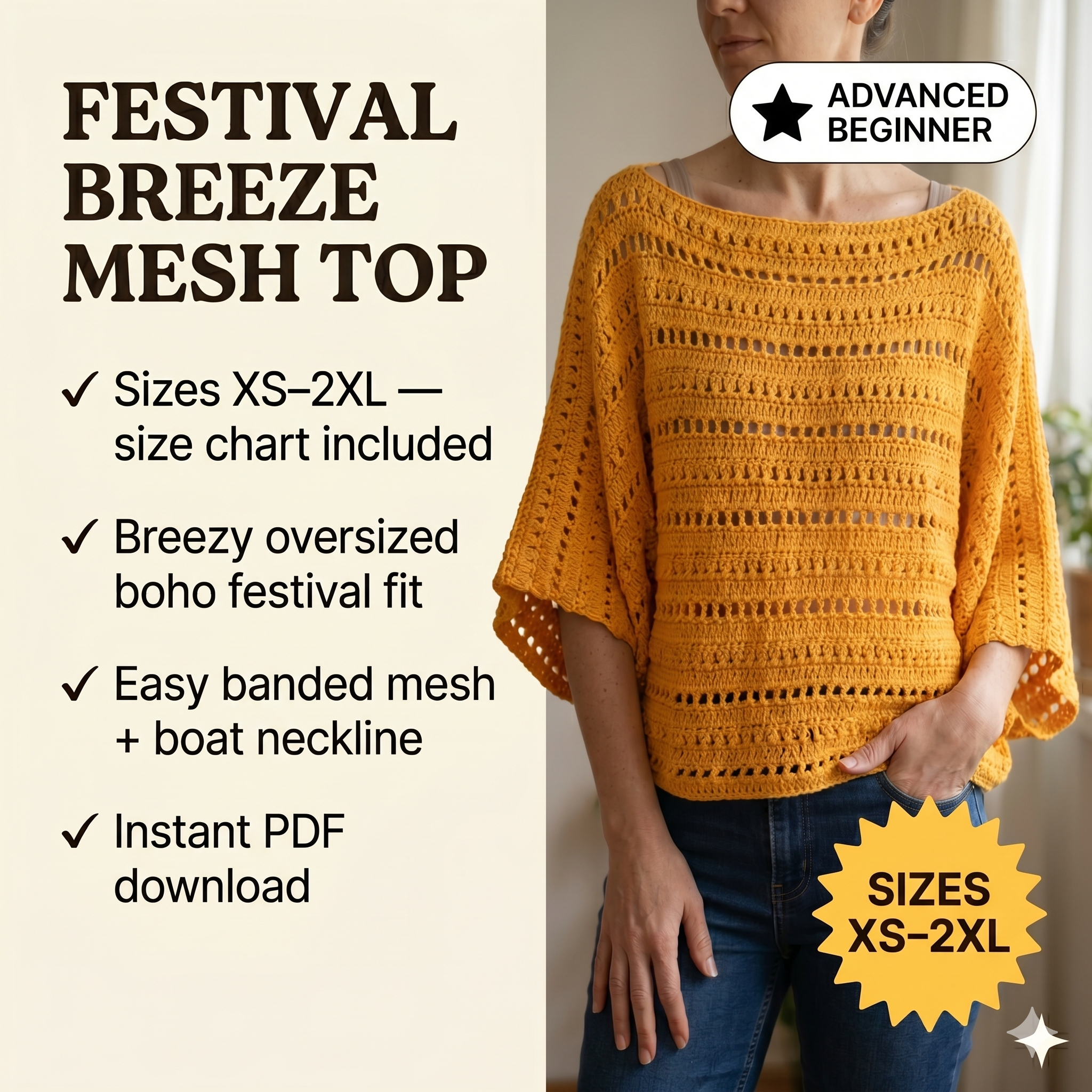 Boho Crochet Top Pattern, Summer Mesh Sweater, Oversized Festival Breeze Top PDF, Beginner Friendly